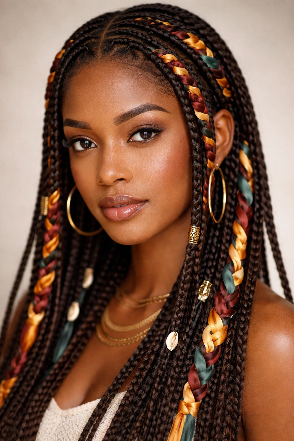 Close-up of Fulani braids woven with silk ribbons, showing color and texture