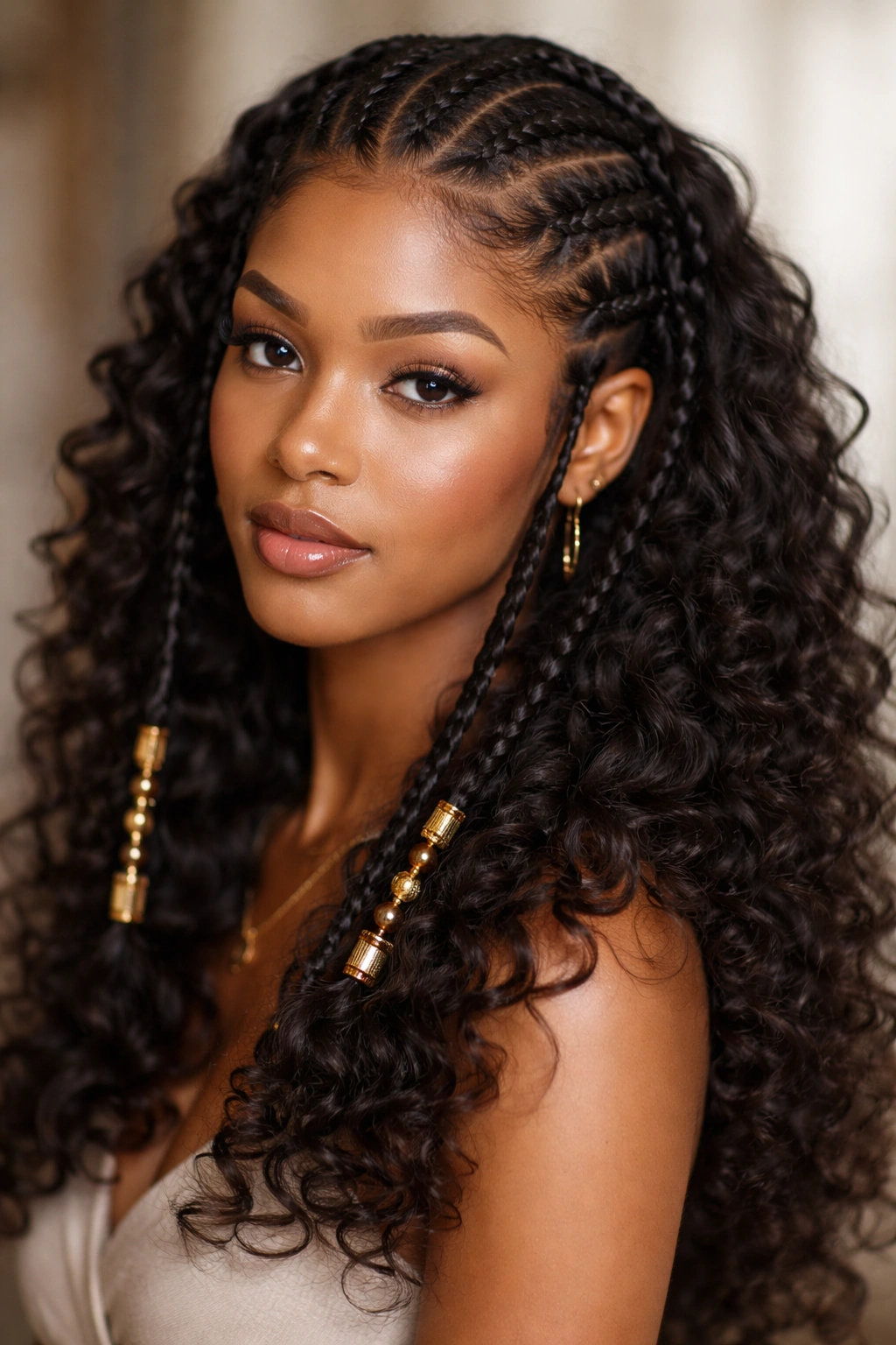 Close-up of classic Fulani braids with loose ringlet curls and bead accents, studio lighting