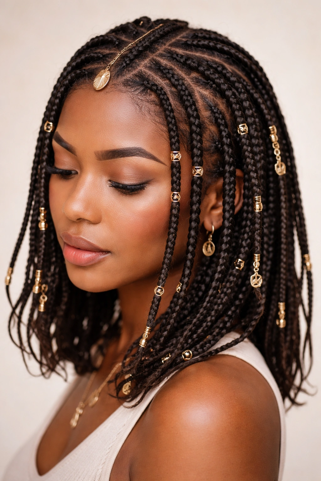 Close-up of Fulani braids with rings clips charms incorporated along the strands