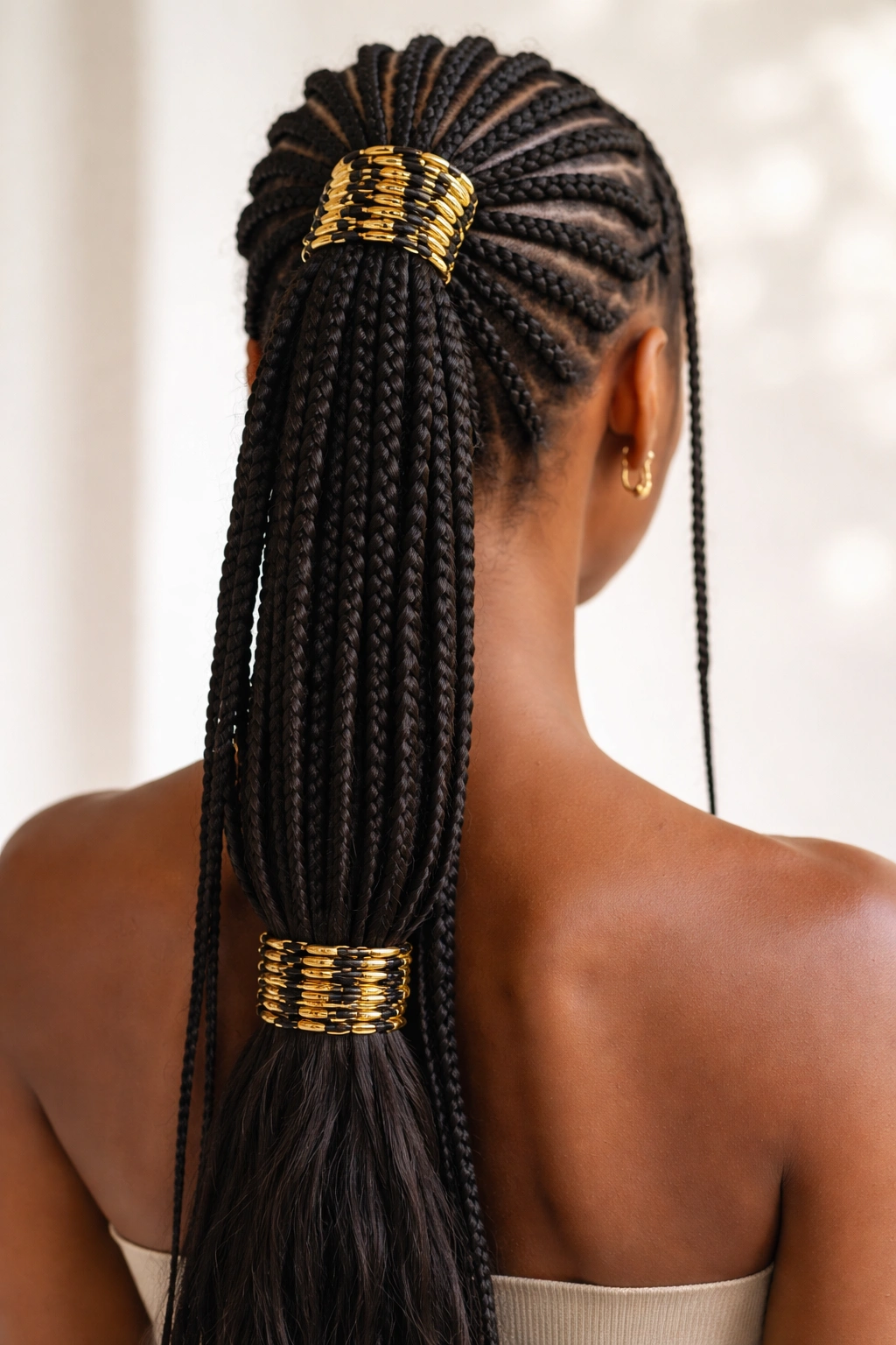 Fulani braids with ring clusters at crown and base ponytail