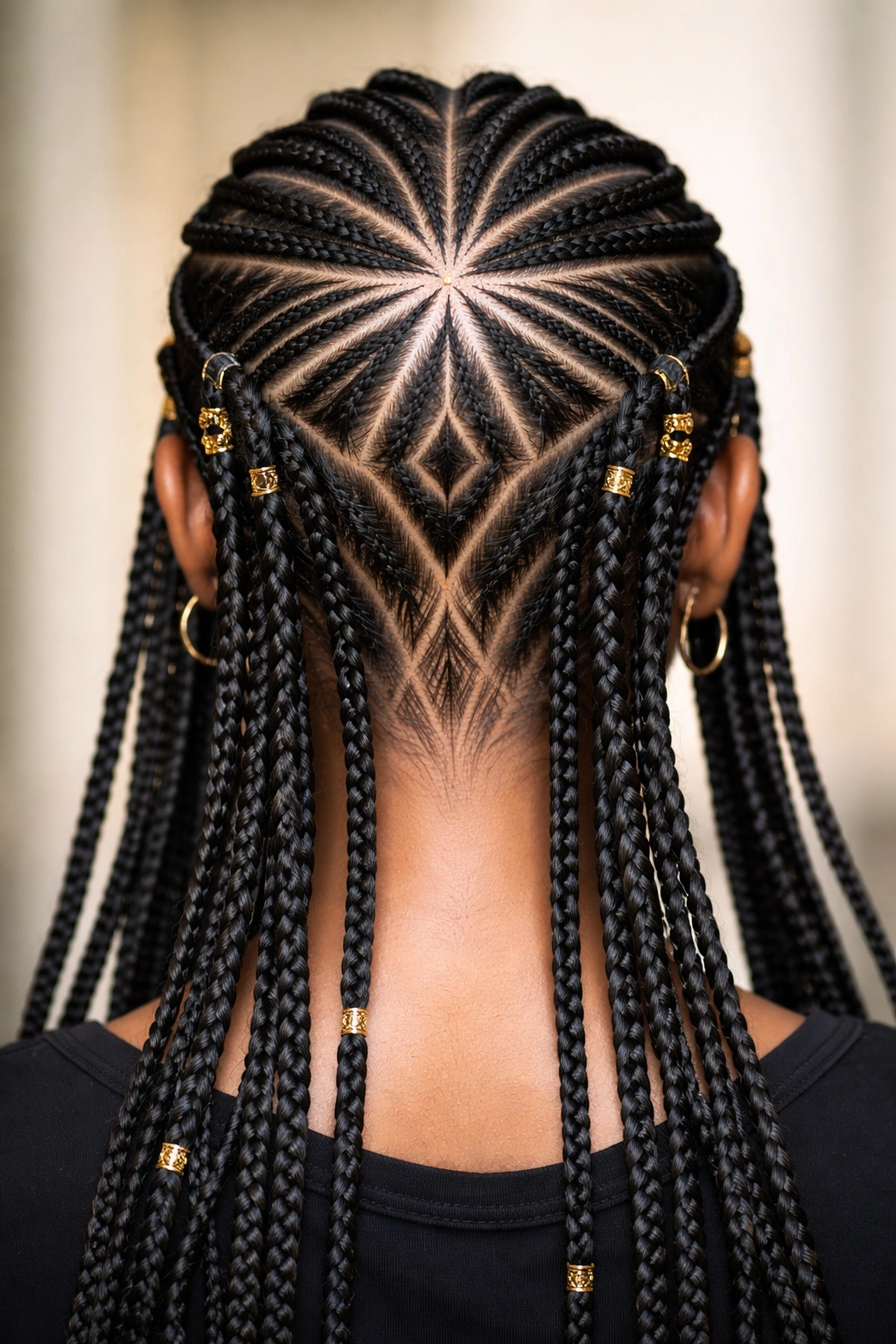 Back view of Fulani braids showing contrasting scalp designs with geometric patterns