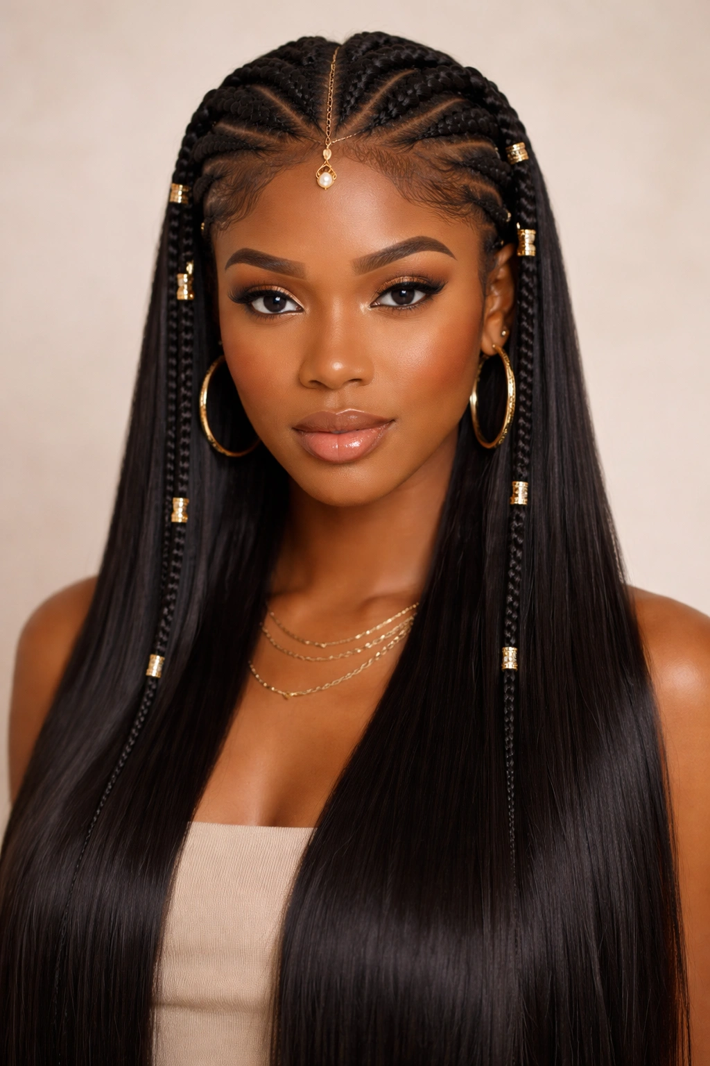 Close-up of classic Fulani braids with straight sew-in length and gold cuffs.