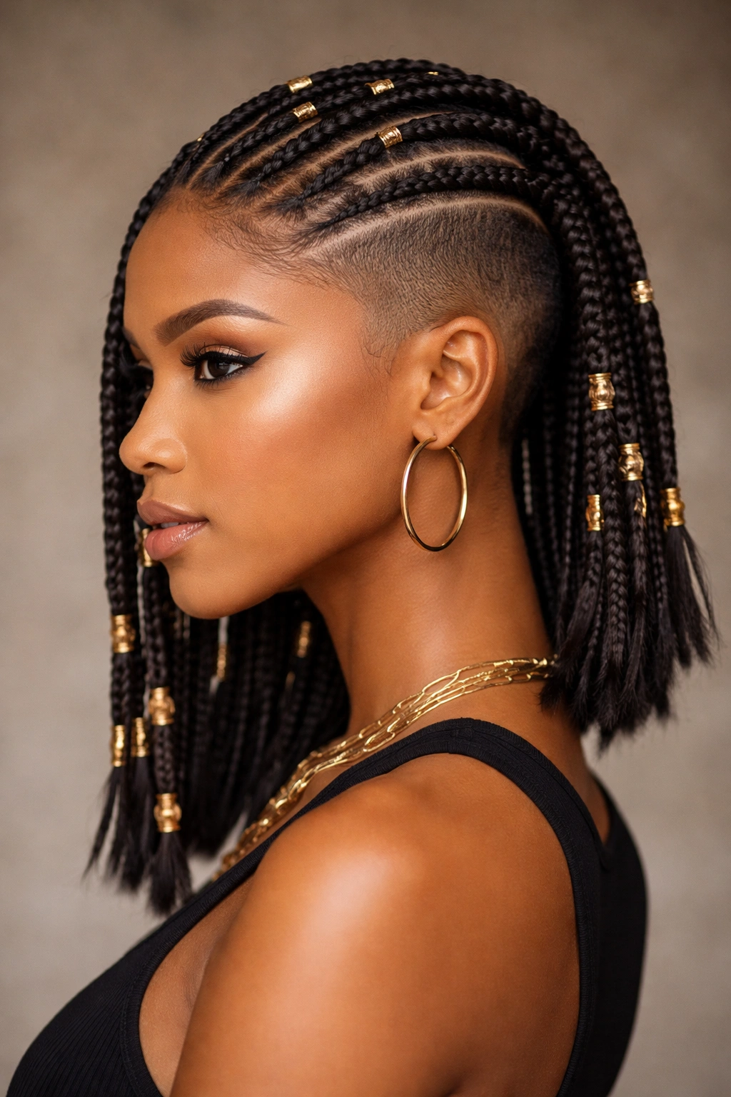 Fulani braids with shaved sides showing bold contrast on medium-length hair.