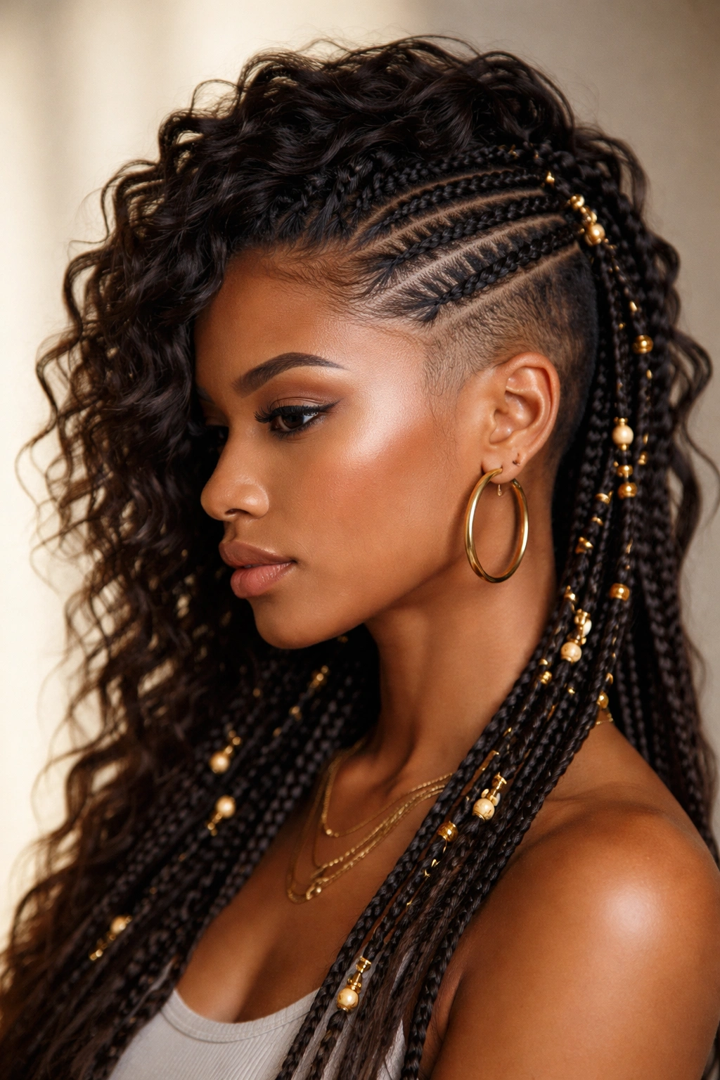 Portrait of a person with shaved sides and Fulani braids on top, waves visible at crown
