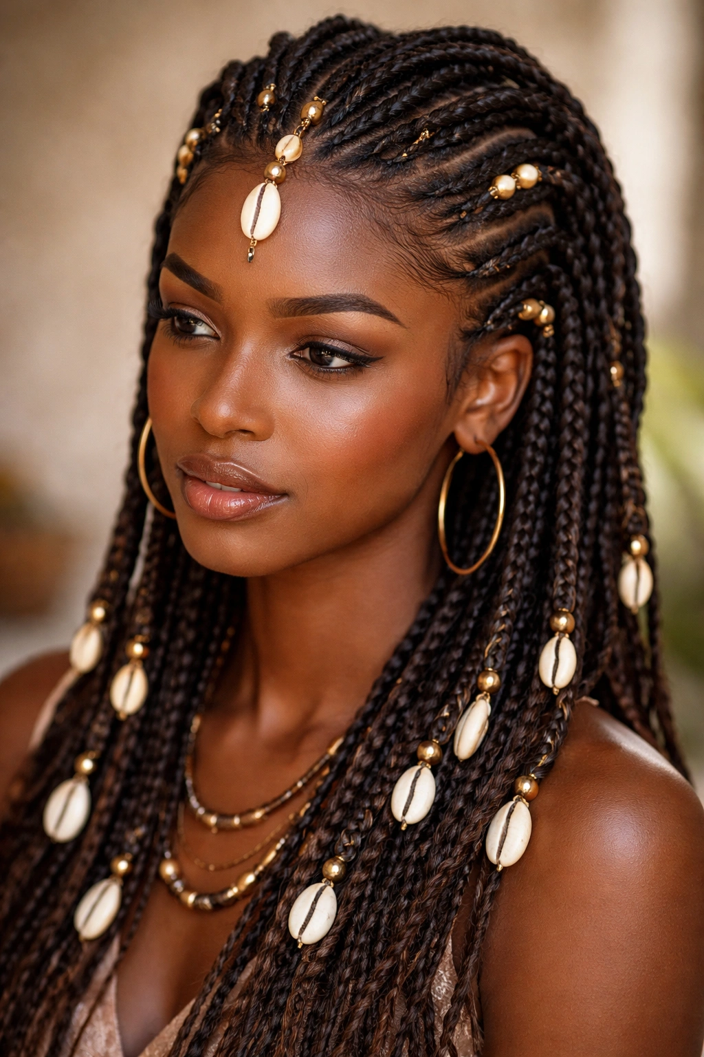 Close-up of Fulani braids with cowrie shells distributed along crown and ends