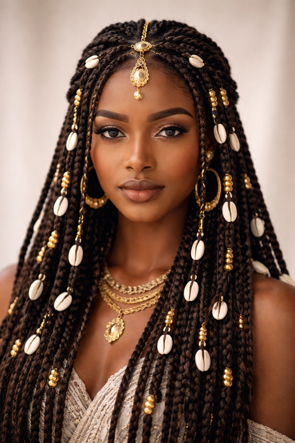 Fulani braids with gold and cowrie shells woven through