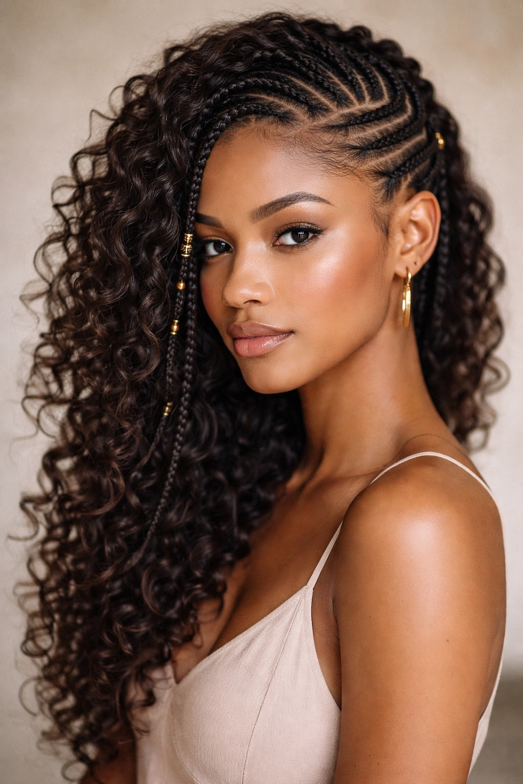 Side-swept Fulani braids with loose curls on curly hair