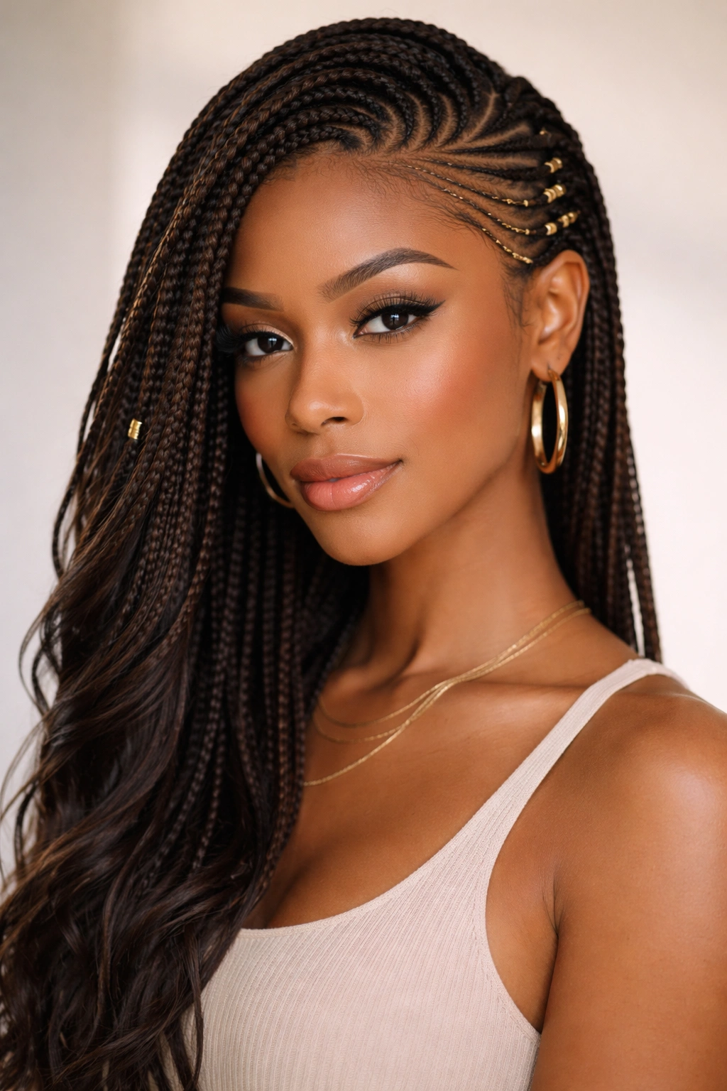 Fulani braids swept to one side with temple detailing