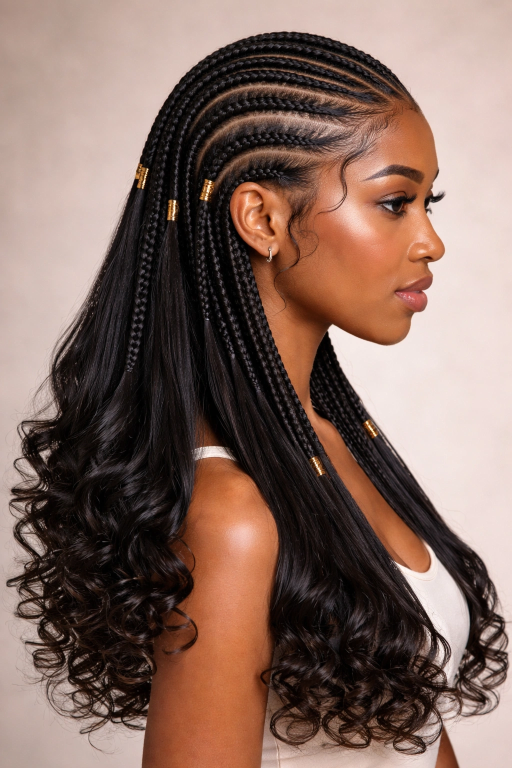 Close-up of Fulani braids with straight extensions and curly tips, highlighting texture contrast