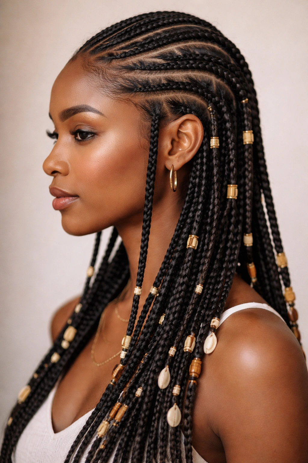 Close-up of Fulani mixed braids with varying thickness and cuffs in studio lighting