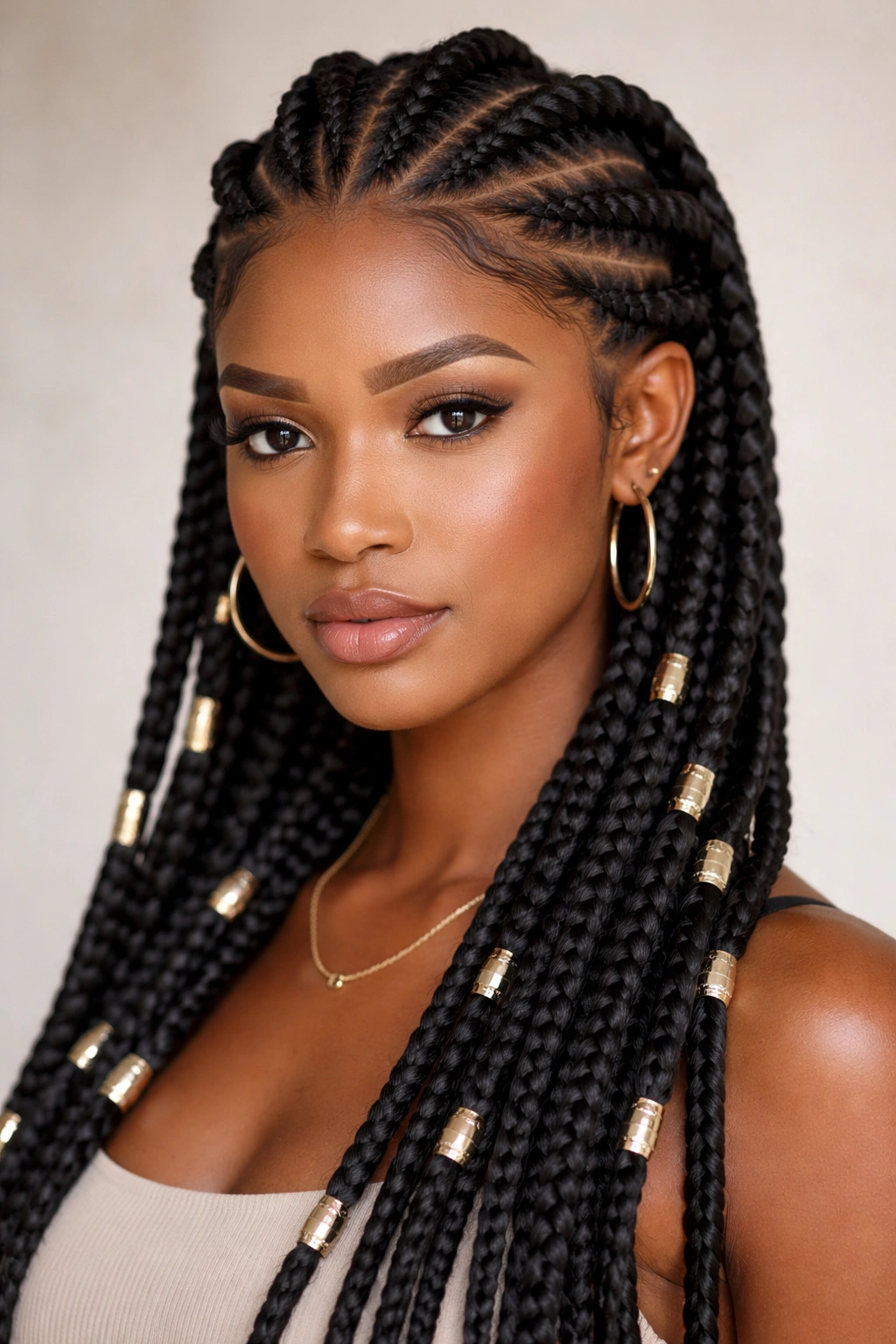 Fulani braids with thick tension framing the face, long extensions and metallic cuffs