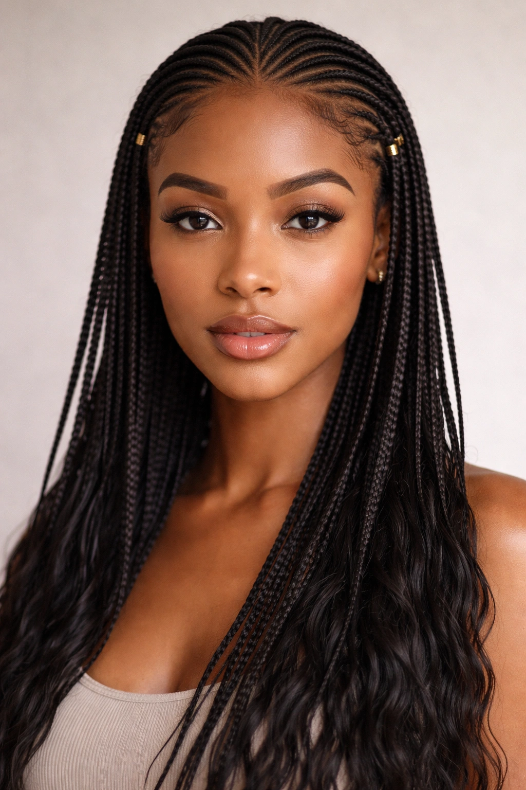Close-up of ultra-thin Fulani braids with minimal front cuffs, studio lighting