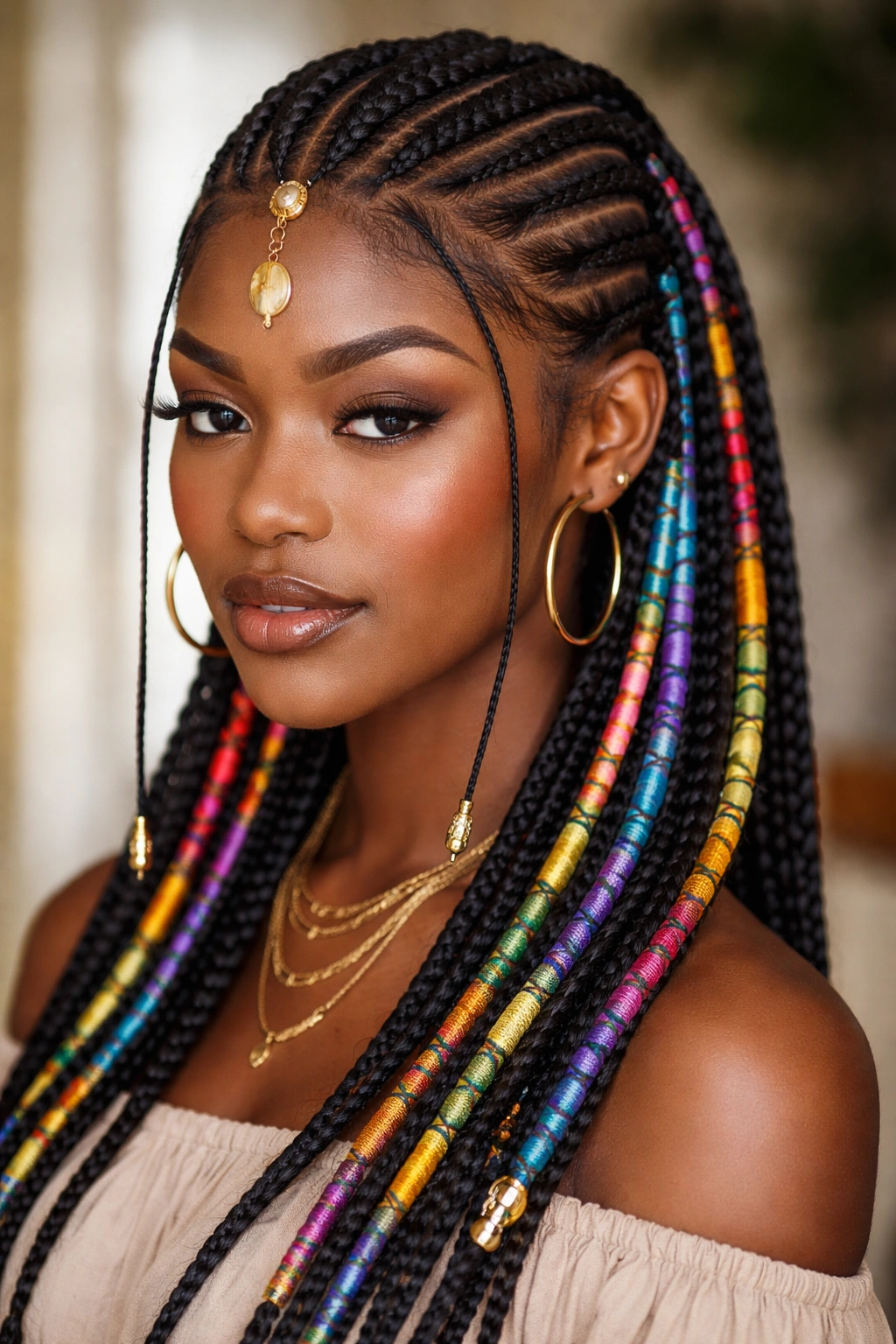 Fulani braids wrapped with colorful thread