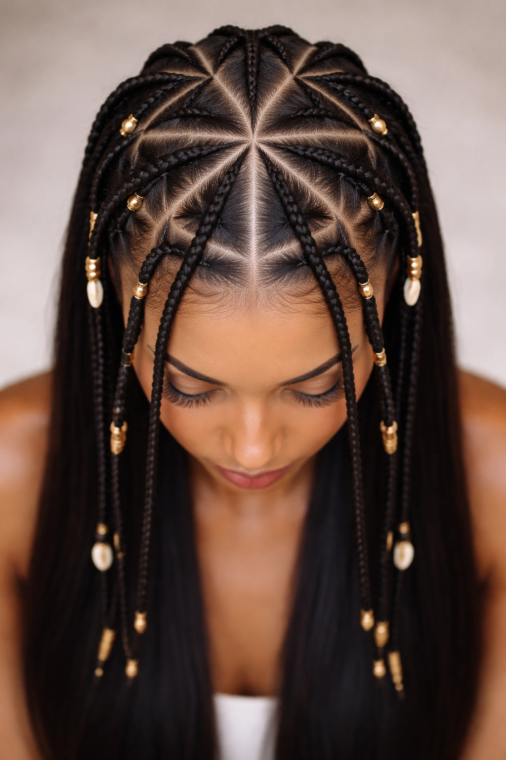 Top-down view of triangular-section Fulani braids on straight hair