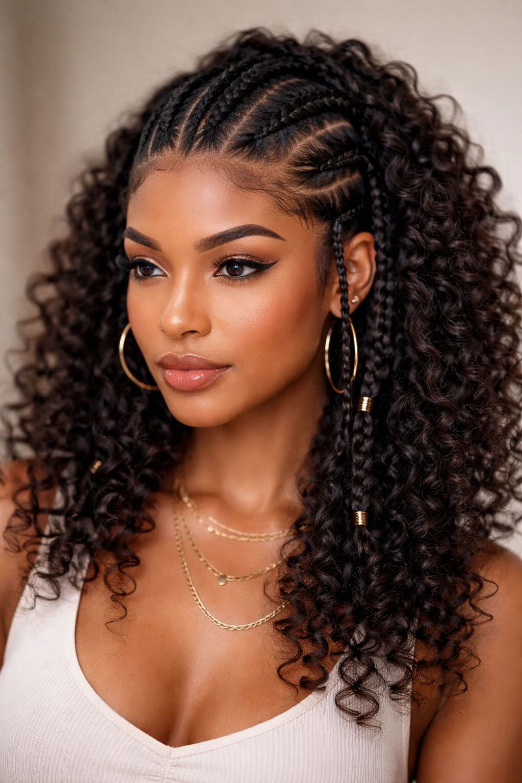Three Fulani braids with varied thickness on curly hair