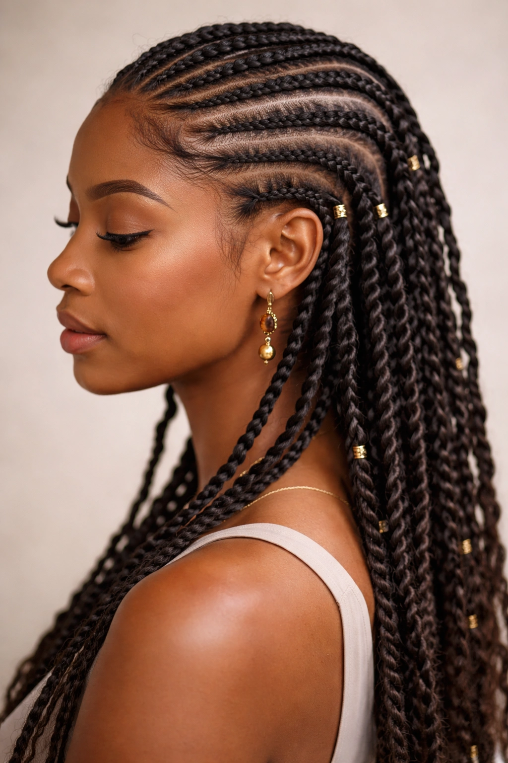 Close-up of a head showing Fulani braids with twists for a textured look