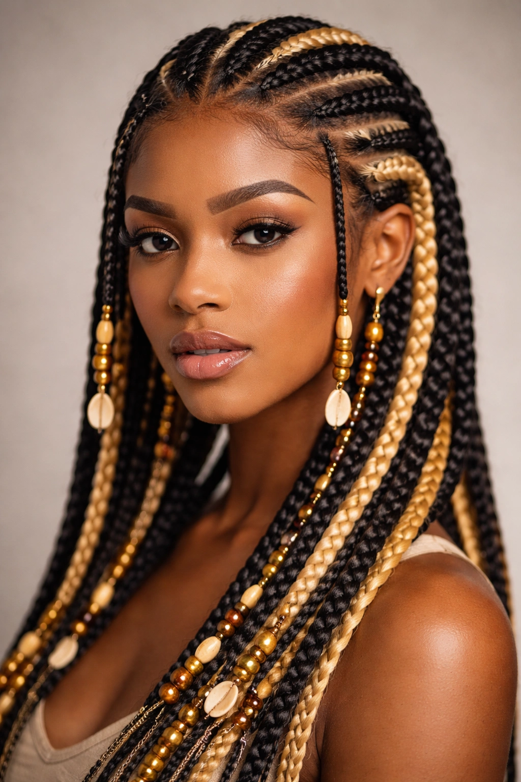 Close-up of a person with two-toned Fulani braids in dark and light colors against a neutral backdrop