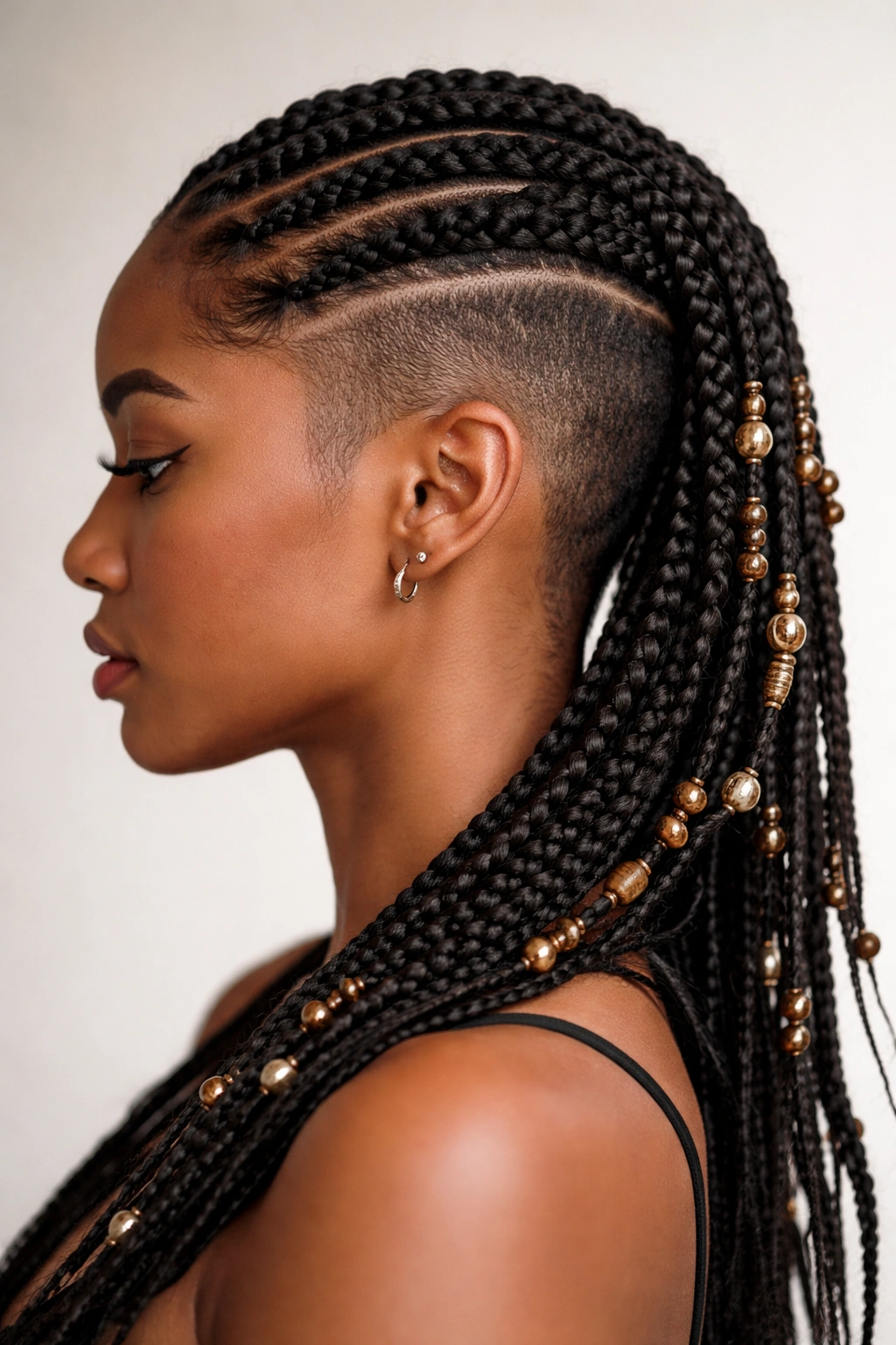 Profile view of Fulani braids with shaved sides in high contrast
