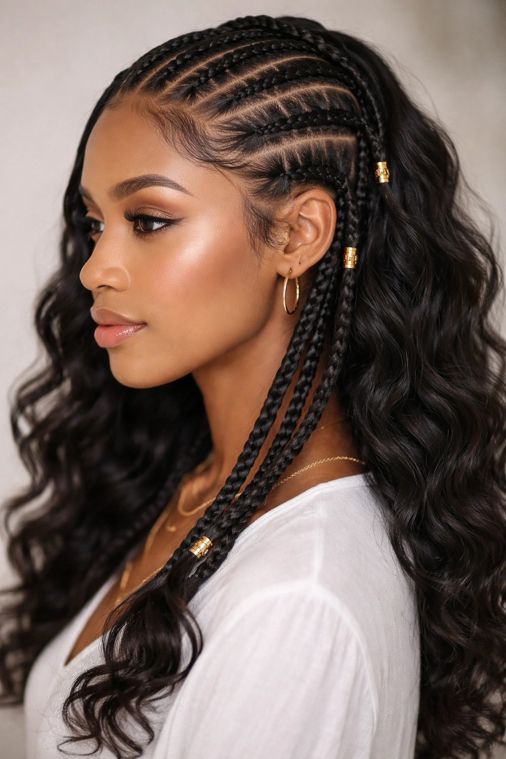Side view of Fulani braids with wavy leave-out hair forming soft S-waves