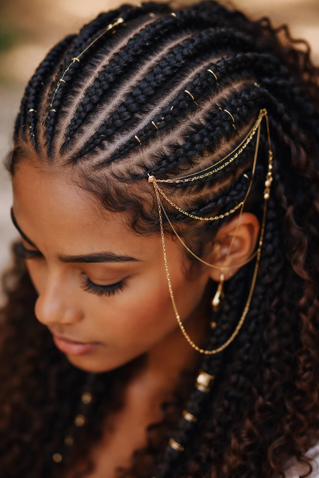 Close-up of Fulani braids with wire wraps catching studio light