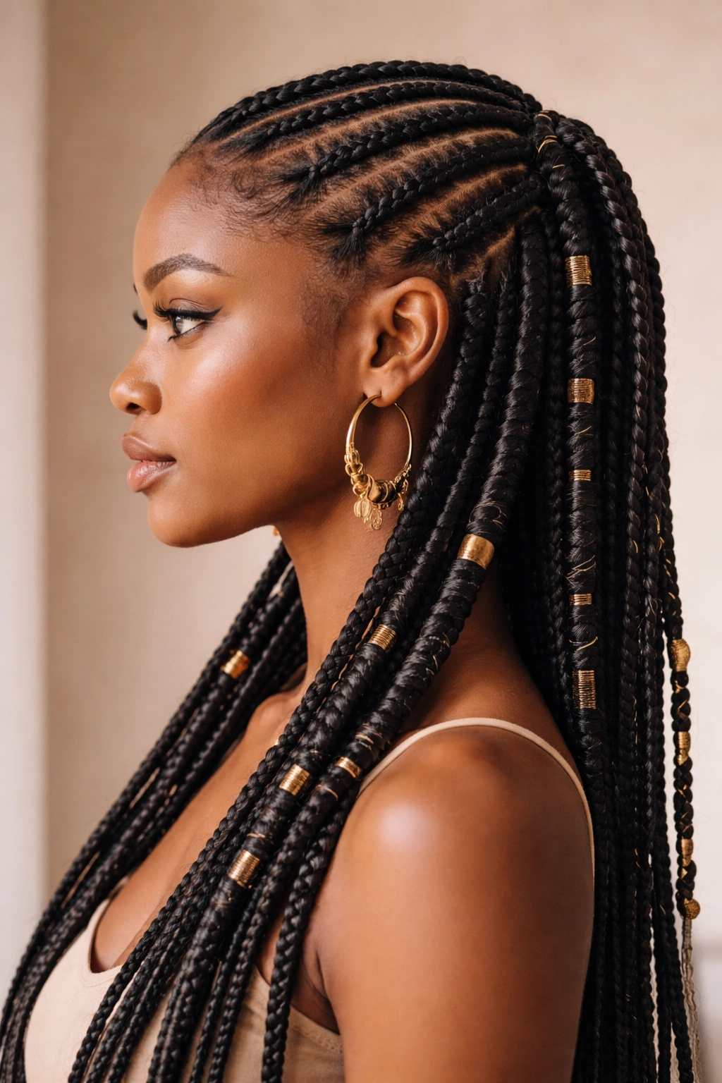 Fulani braids with wrapped sections using thread along the length