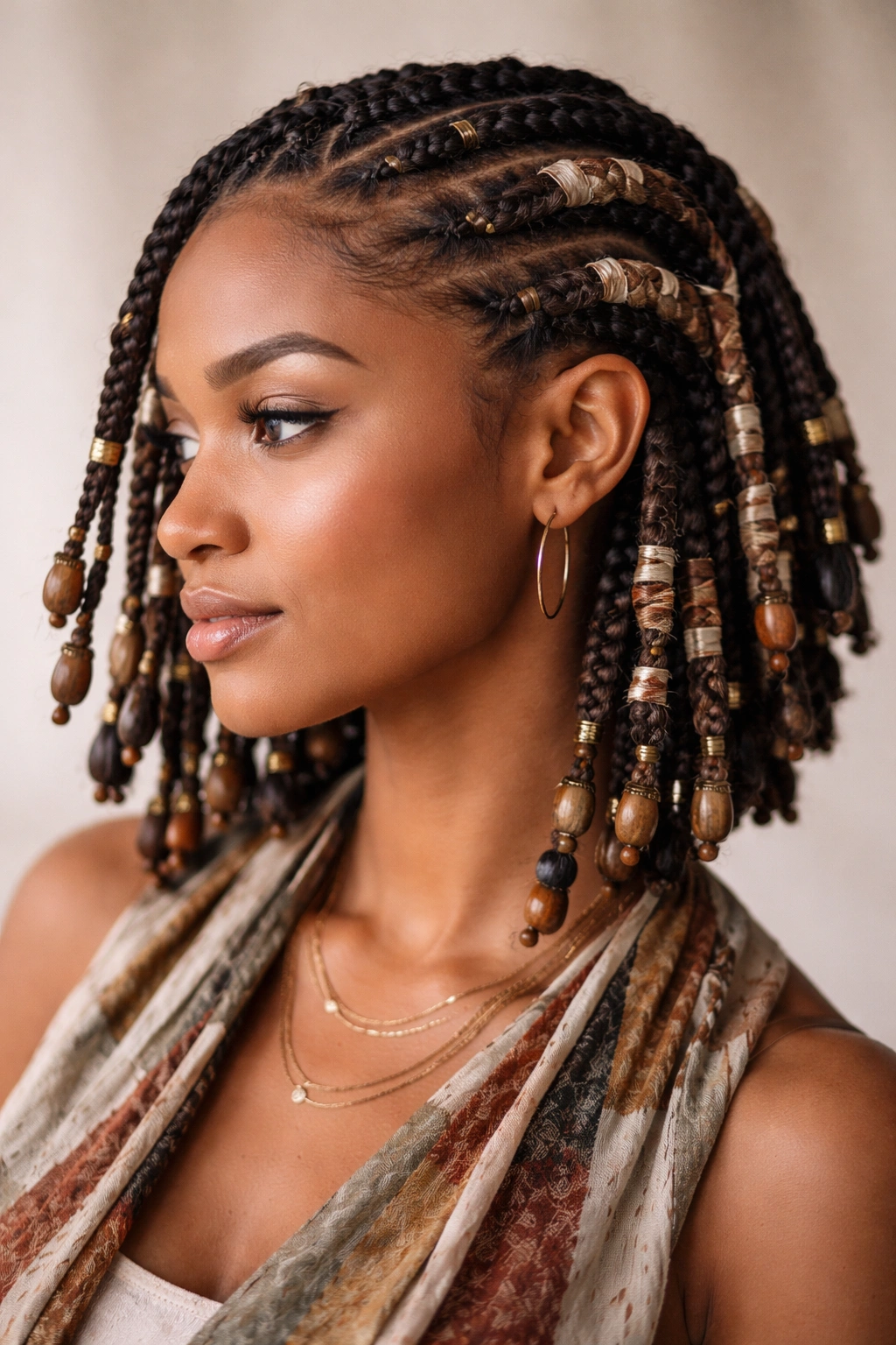Fulani braids with cloth wraps and beads on short hair