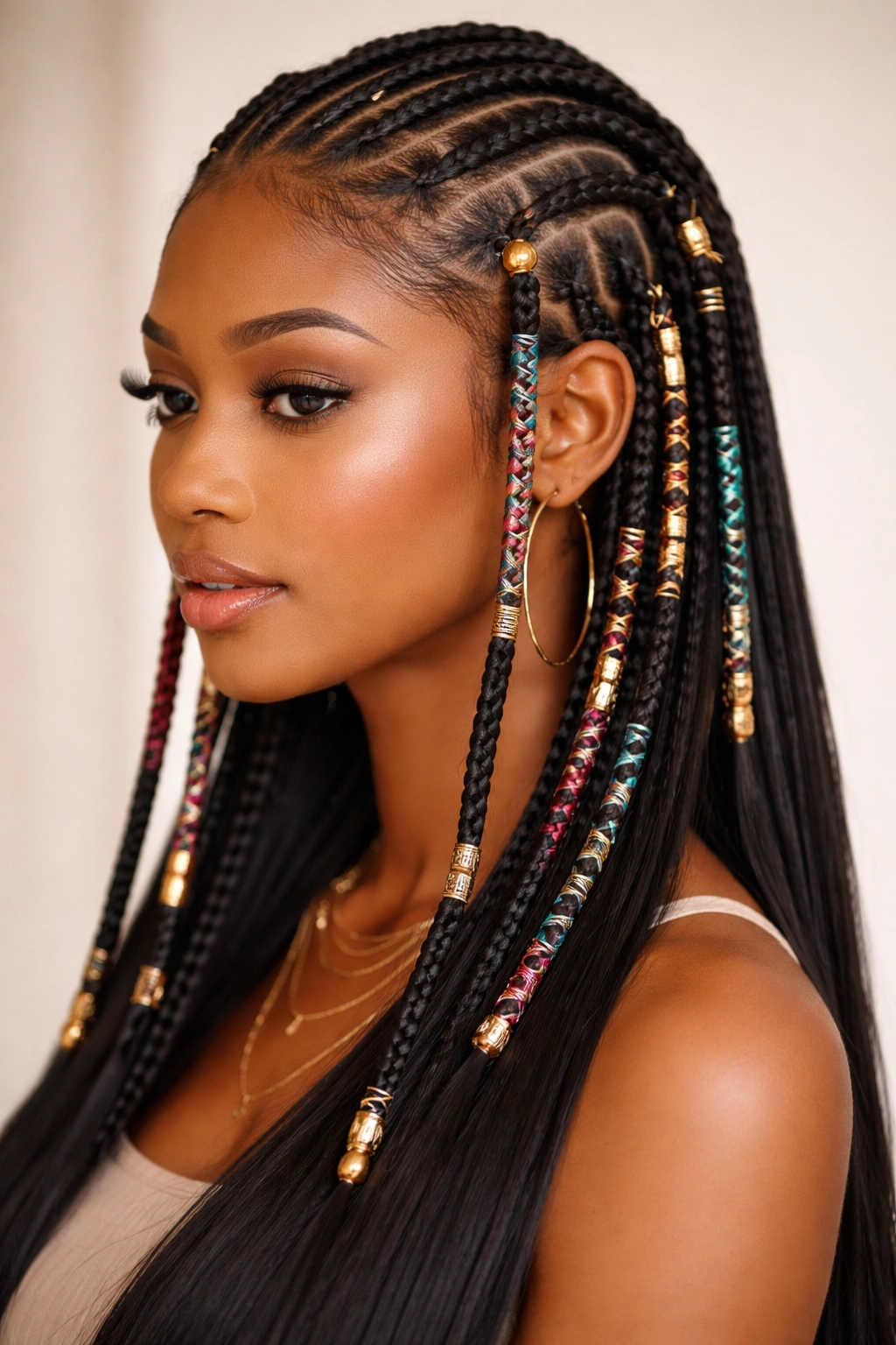 Close-up of Fulani braids with colorful wrapped sections on straight hair