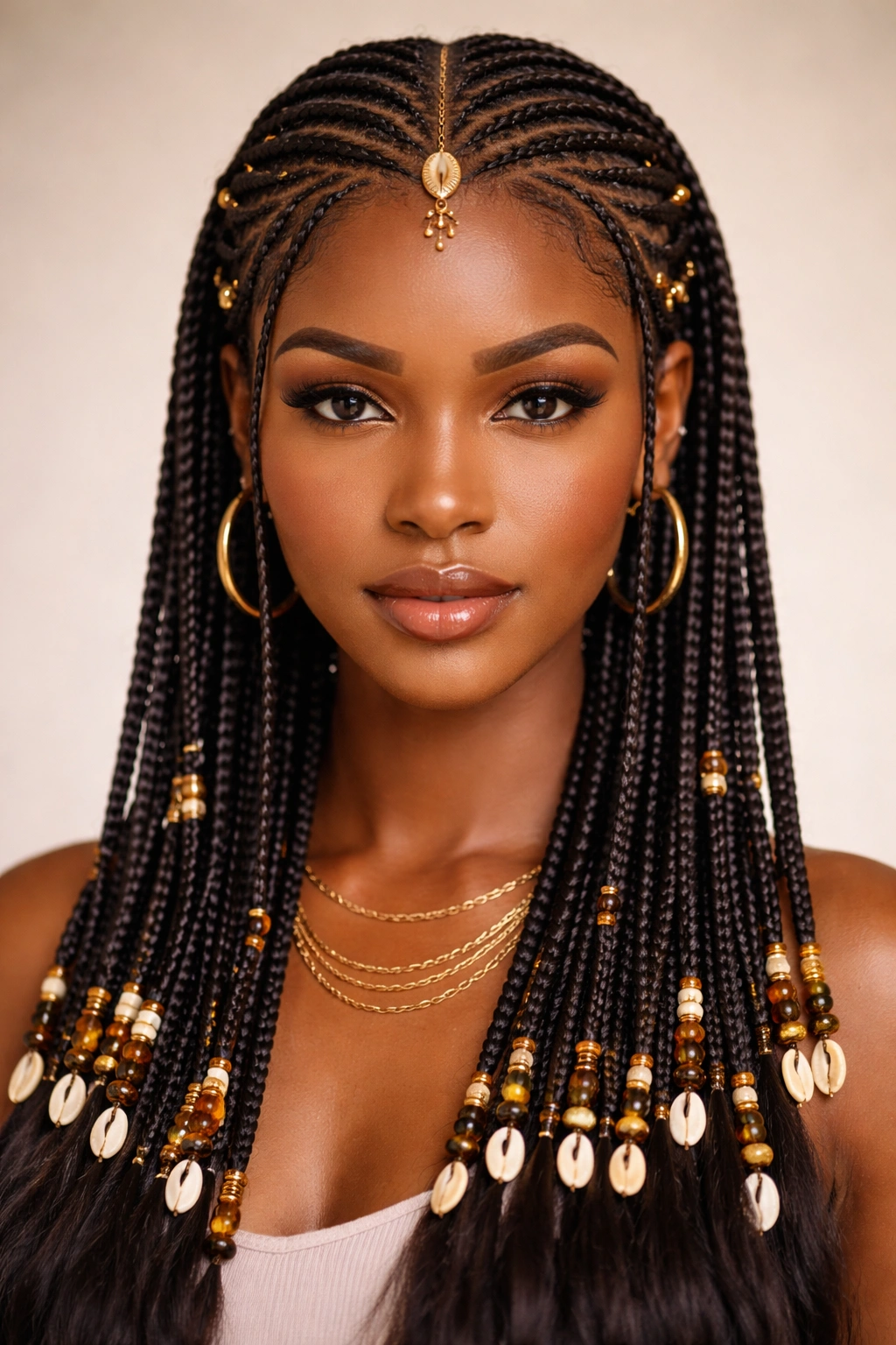 Fulani braids with beads tucked at the ends along a central pattern.
