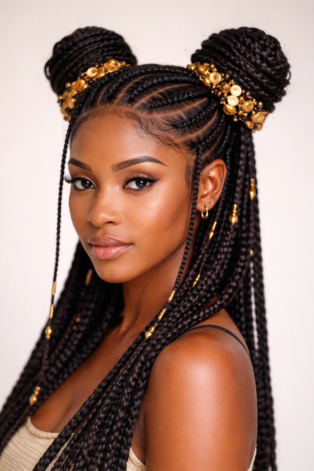 Close-up of two symmetrical Fulani buns with braids traveling from hairline