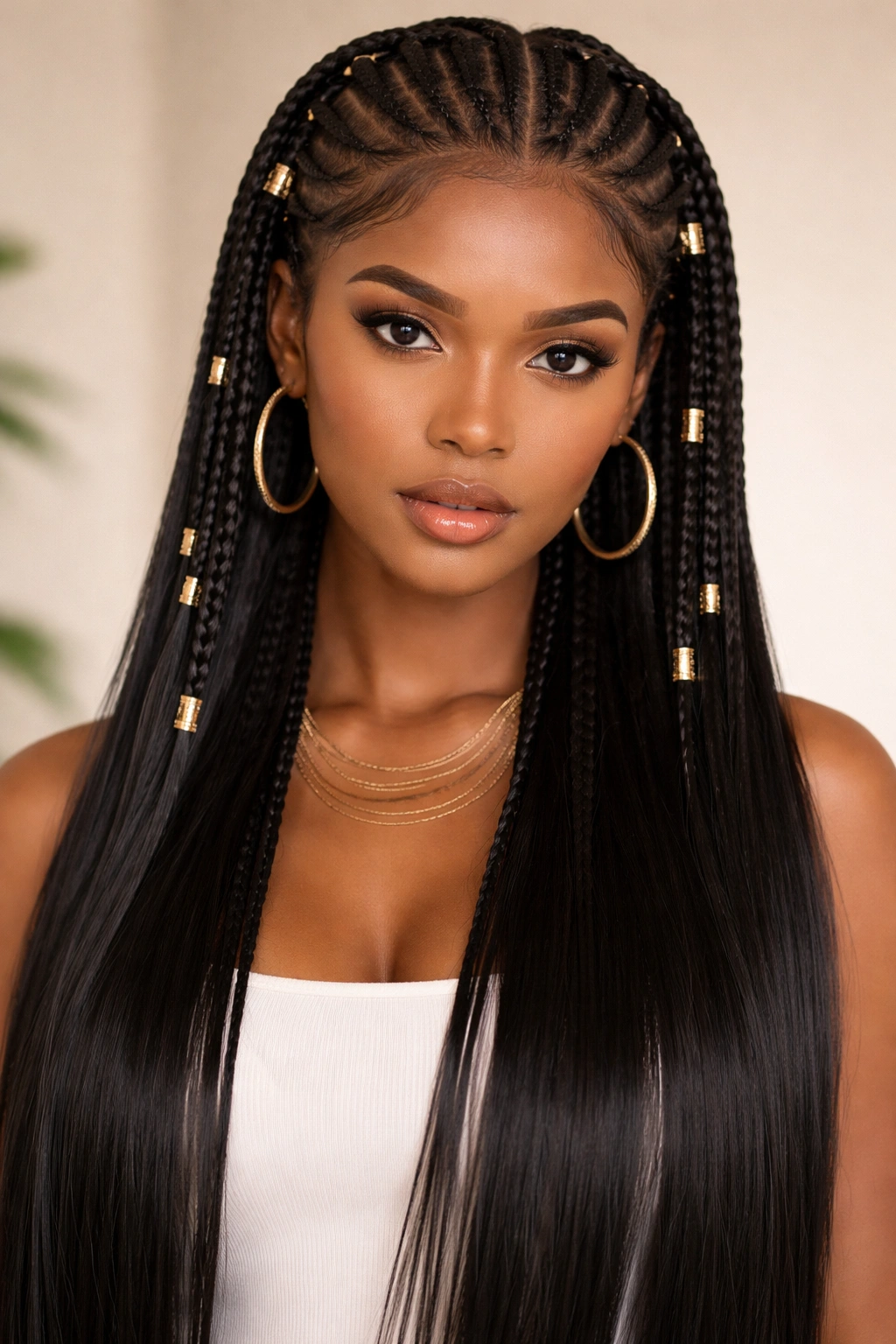 Front-edge view of Fulani braids with straight closure extension.