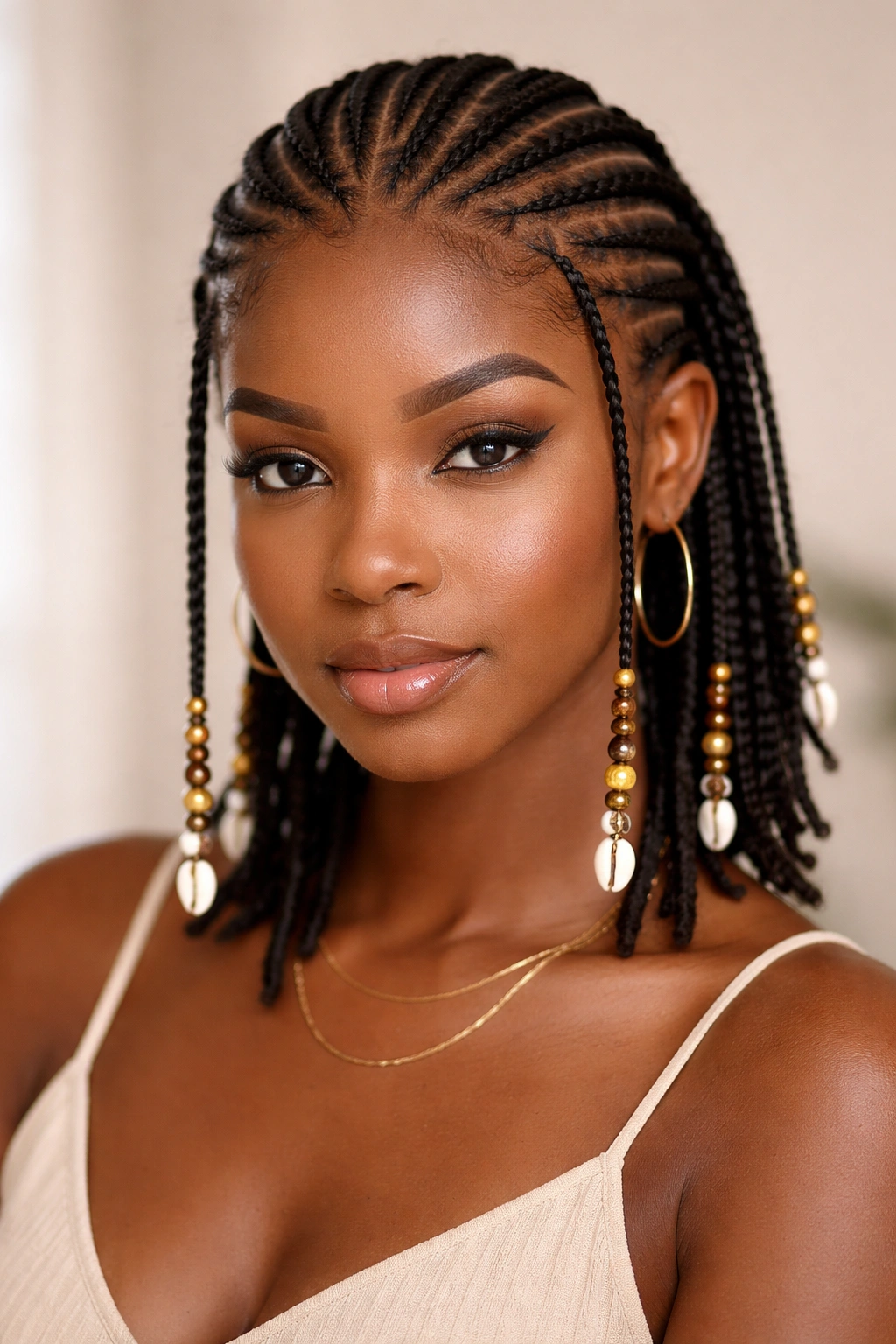 Fulani-inspired cornrows with many thin braids and bead accents