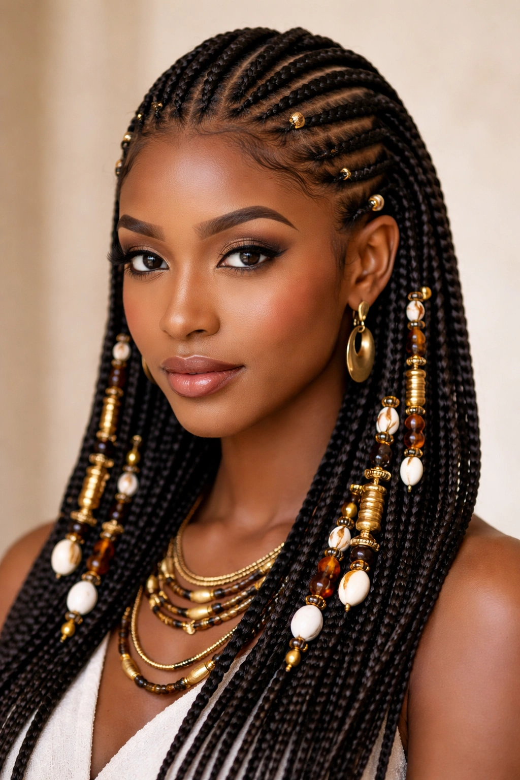 Close-up of Fulani cornrows with beads and geometric patterns
