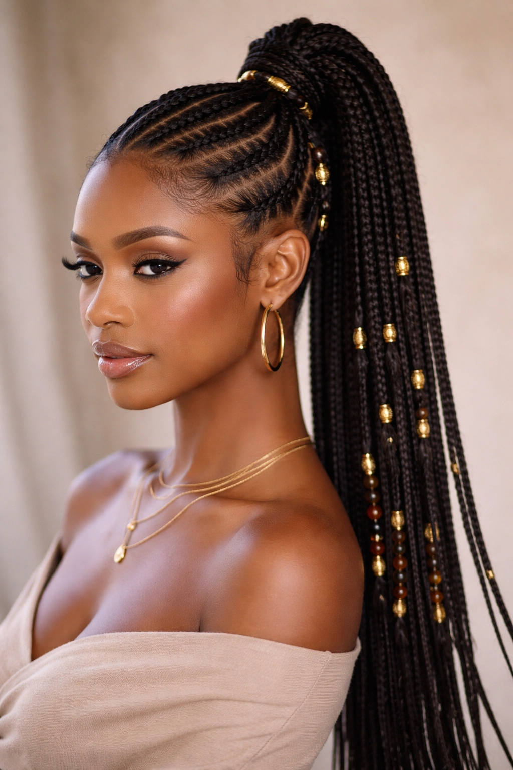 Close-up of Fulani-inspired cornrows with gold cuffs forming a high ponytail