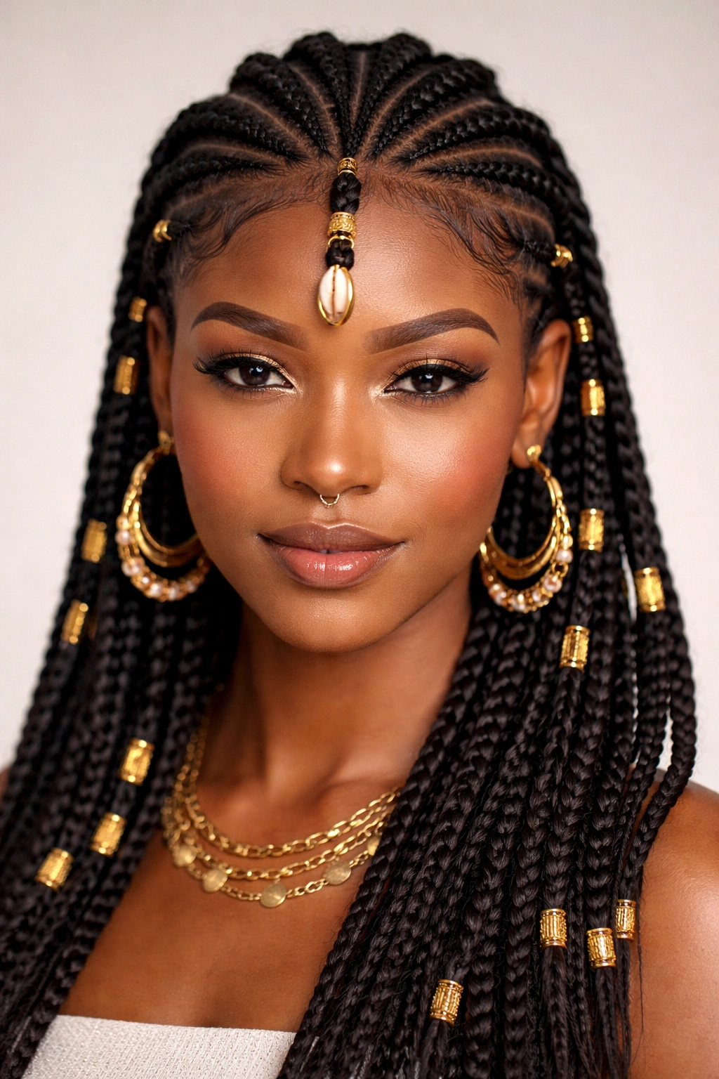 Fulani-inspired feed-in cornrows with center braids and gold cuffs