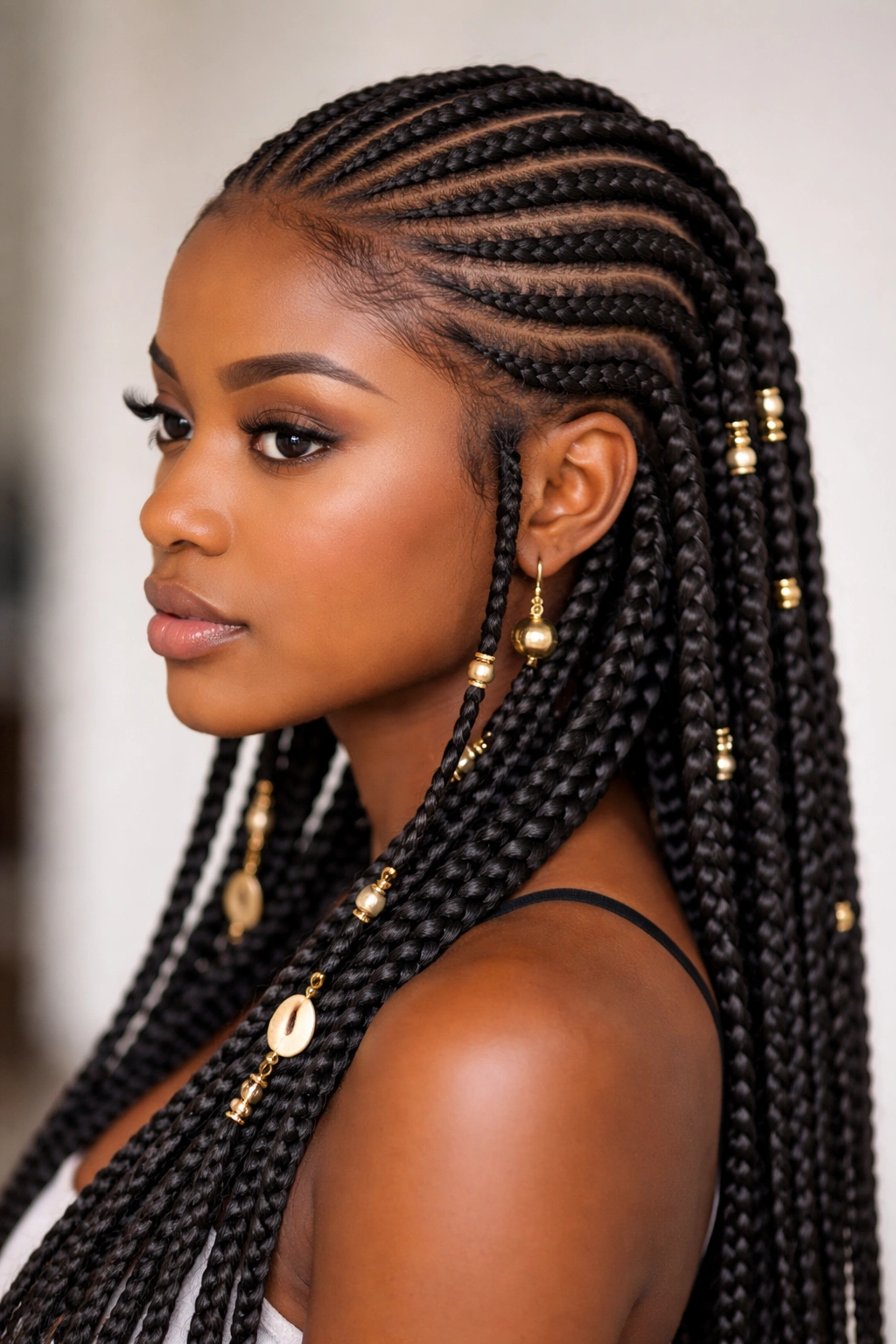 Fulani braids with a cornrow foundation creating layered texture