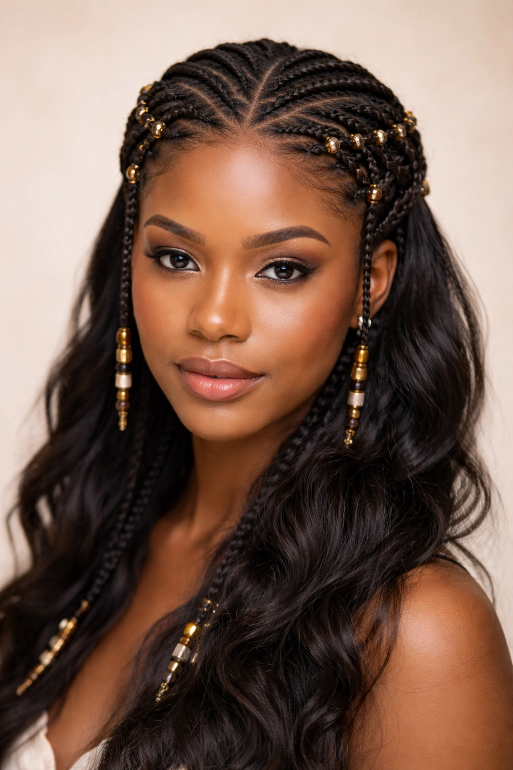 Close-up of a Fulani-inspired crown braid with beads on textured Black hair