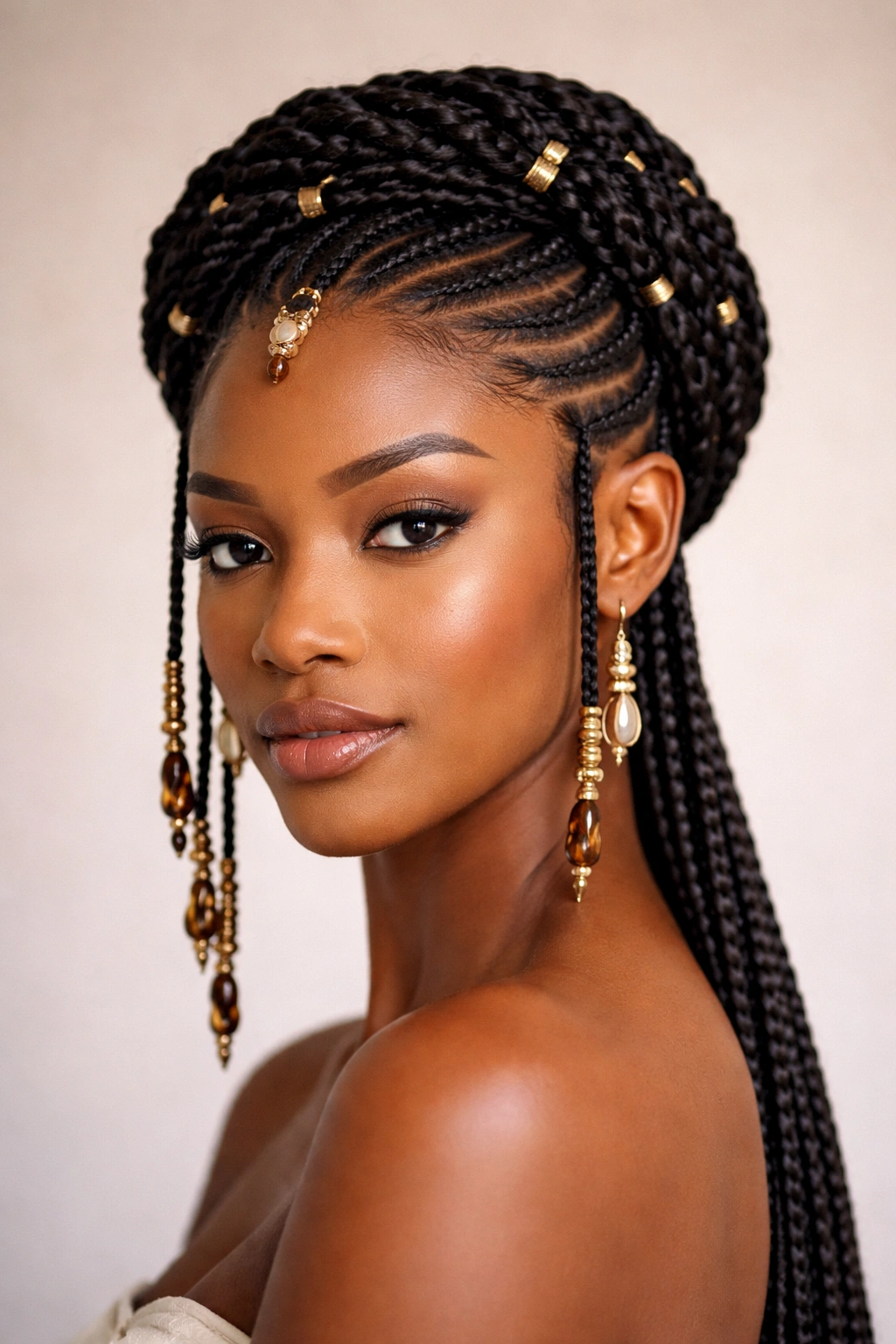 Portrait featuring a crown of Fulani braids encircling the head with exposed nape