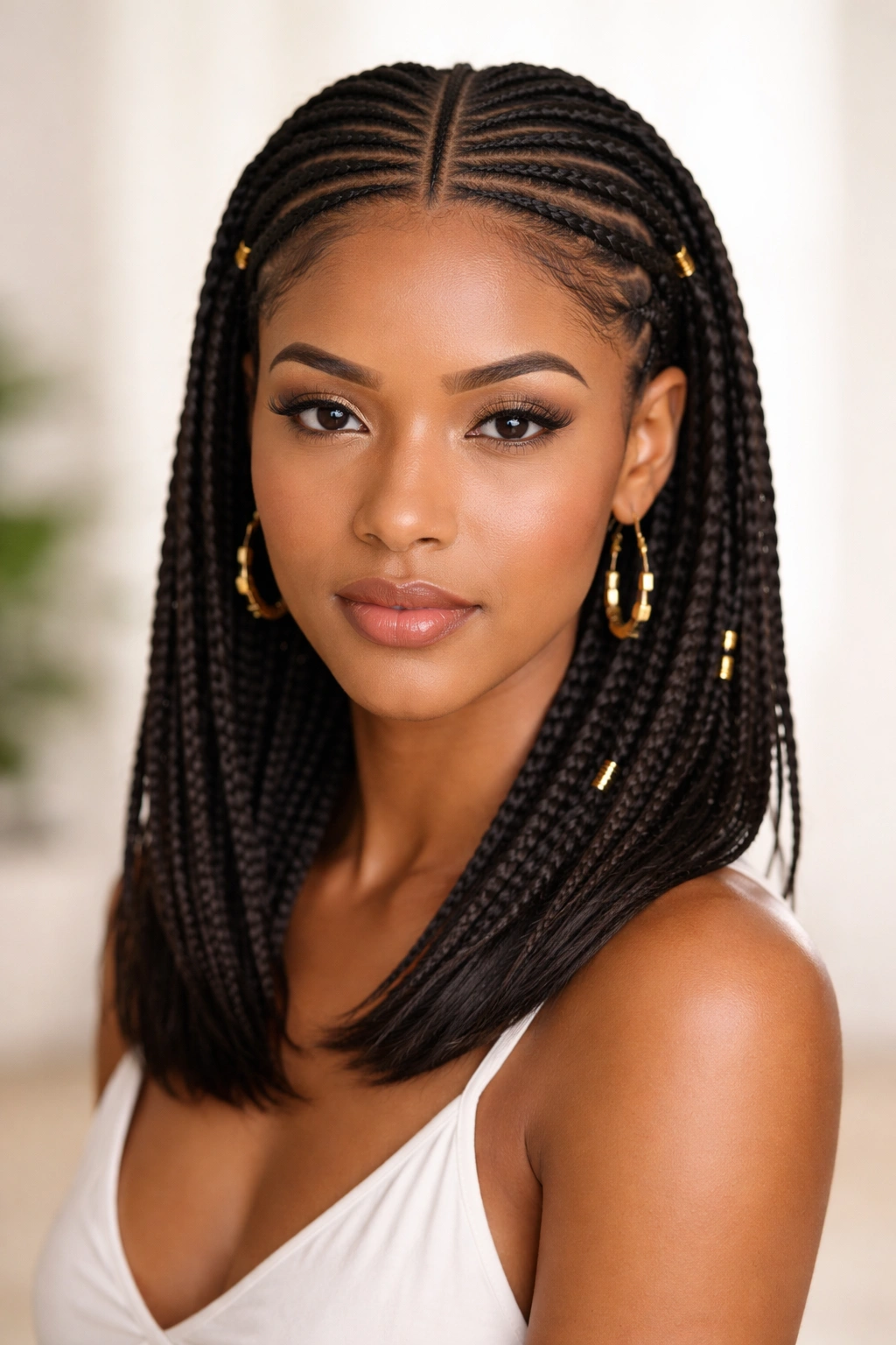 Close-up of a classic Fulani crown with center-part cornrows on medium-length hair.