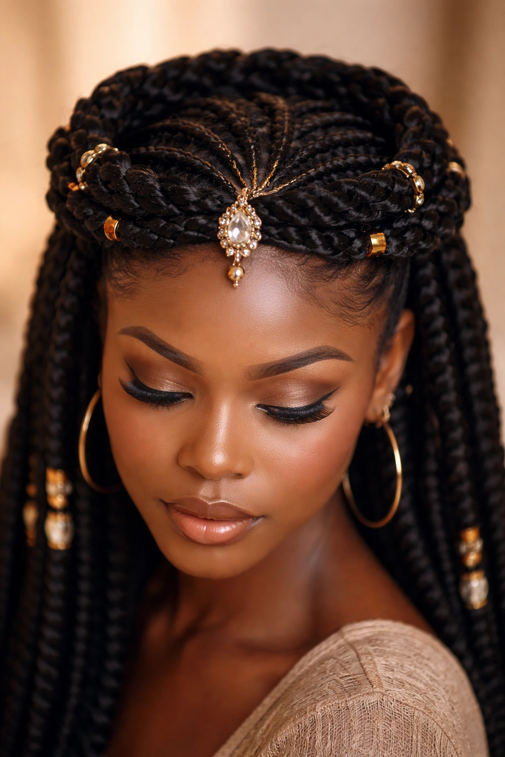 Close-up of crown-style Fulani twists at the top of the head with bead accents