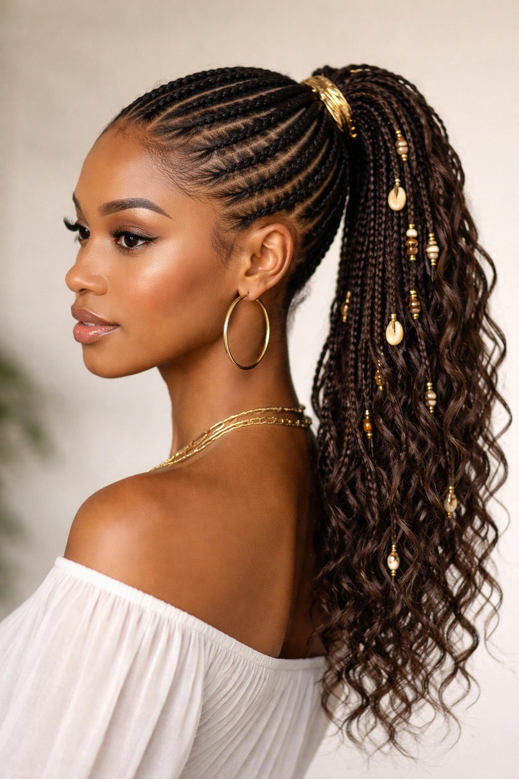 Feed-in Fulani braids cascading into a ponytail