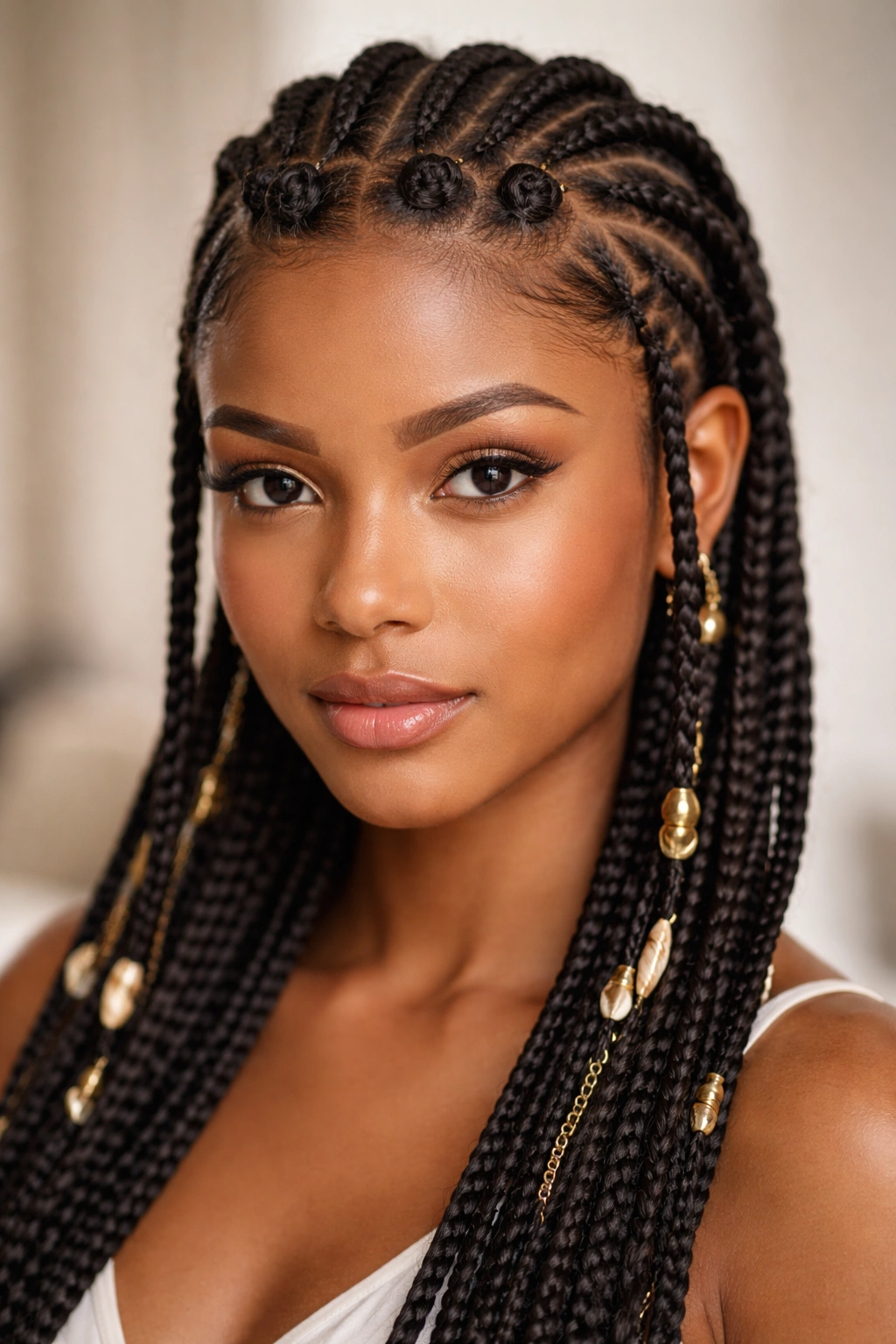 Close-up of Fulani front knots at the hairline with braids extending back.