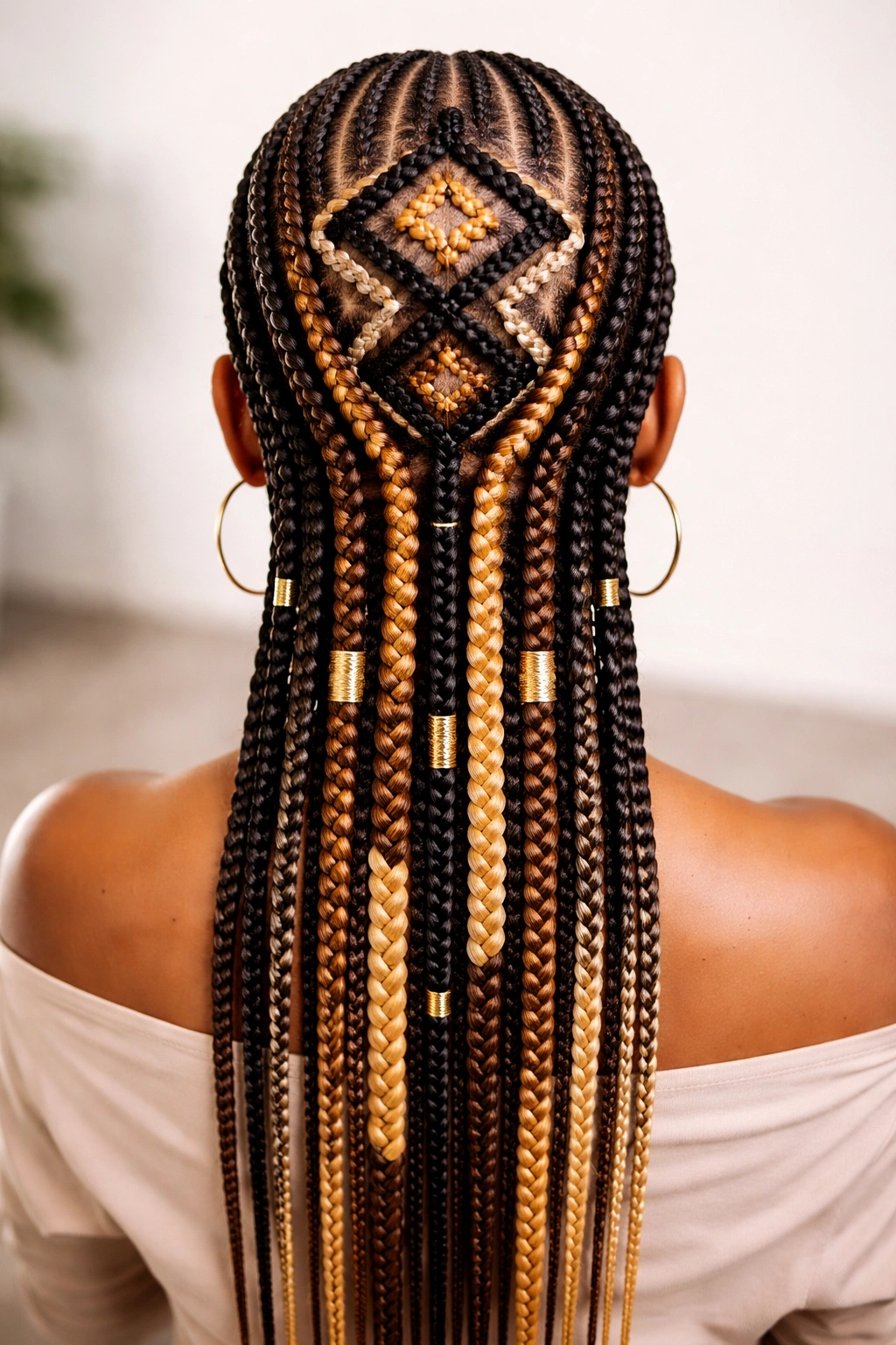 Fulani braids forming geometric patterns with color blocks