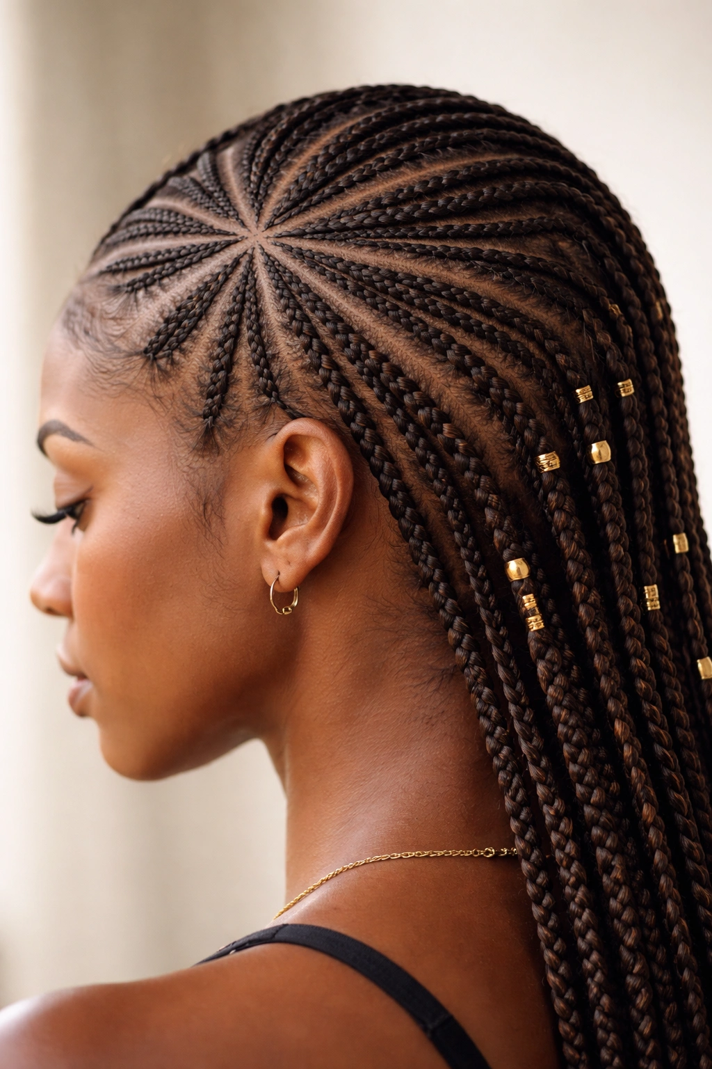 Close-up of thin Fulani braids forming triangular geometric patterns on the scalp