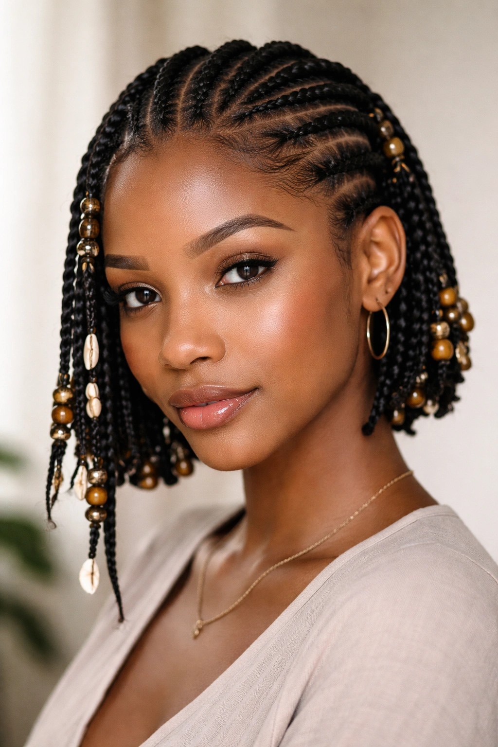 Portrait of a person with a single suitable Fulani braid for their hair type on short hair