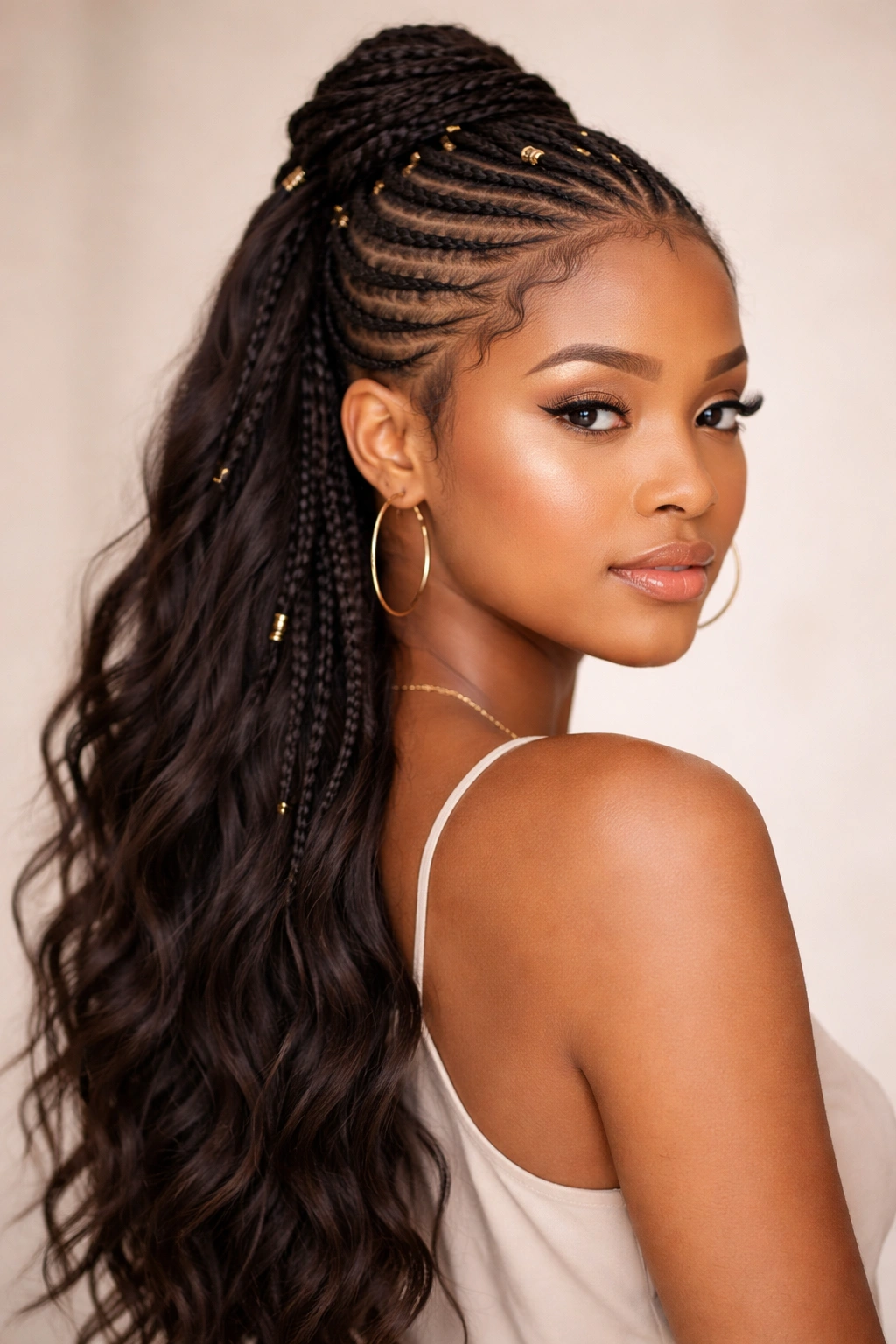 Half-up Fulani braids creating crown fullness with loose lower hair