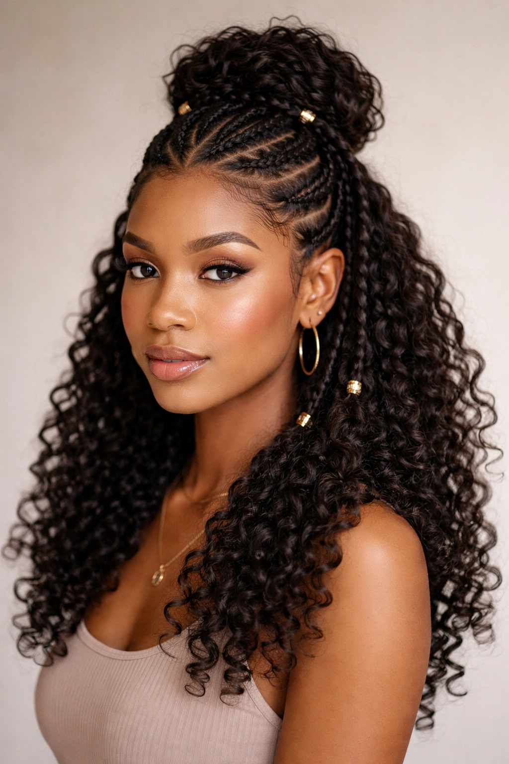 Close-up of half-up Fulani hairstyle with braided crown and loose curls