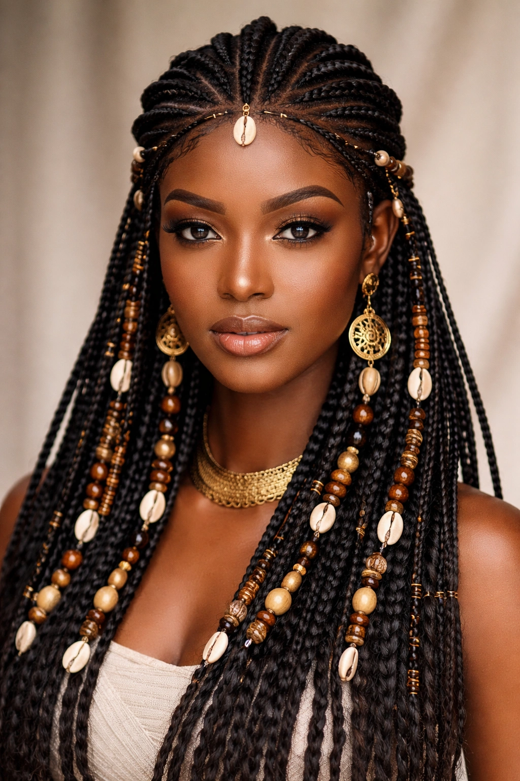 Fulani braids with beads and shells accenting the Igbo-inspired pattern