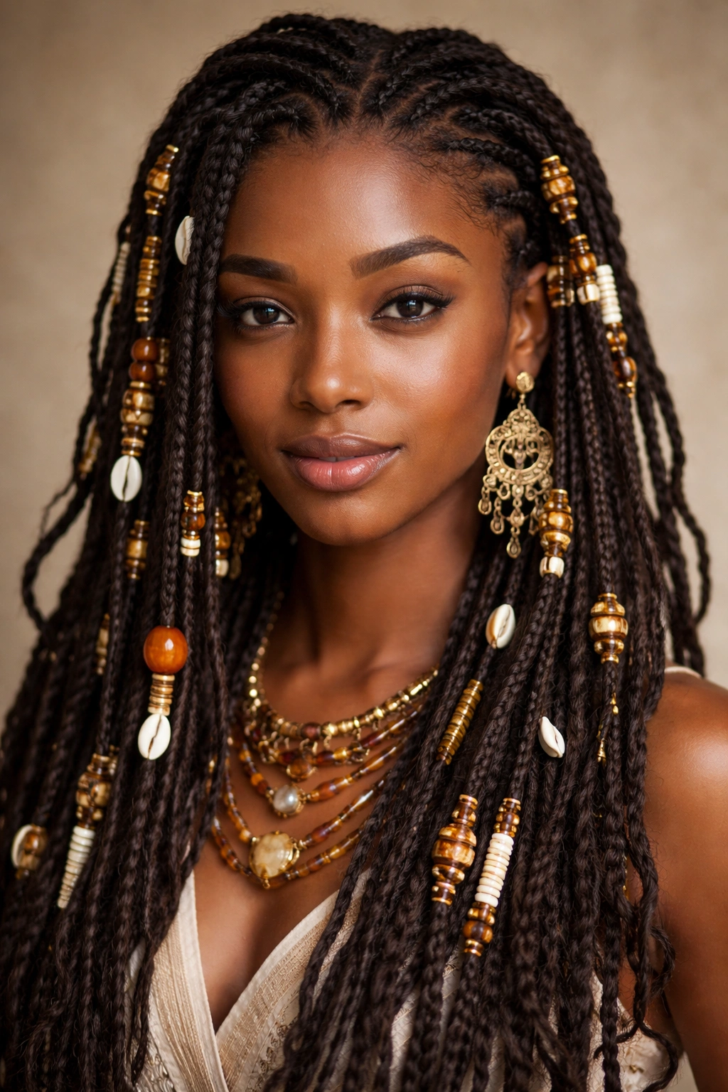 Fulani locs with beads and gold cuffs along the length