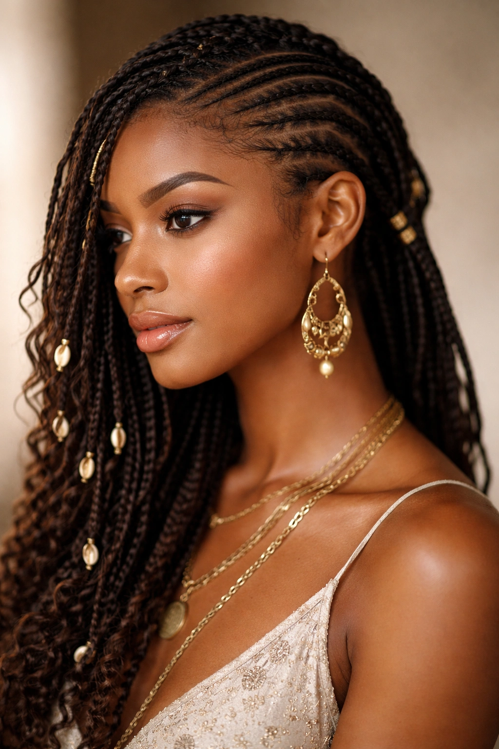 Profile view of Fulani side braids swept to one side.