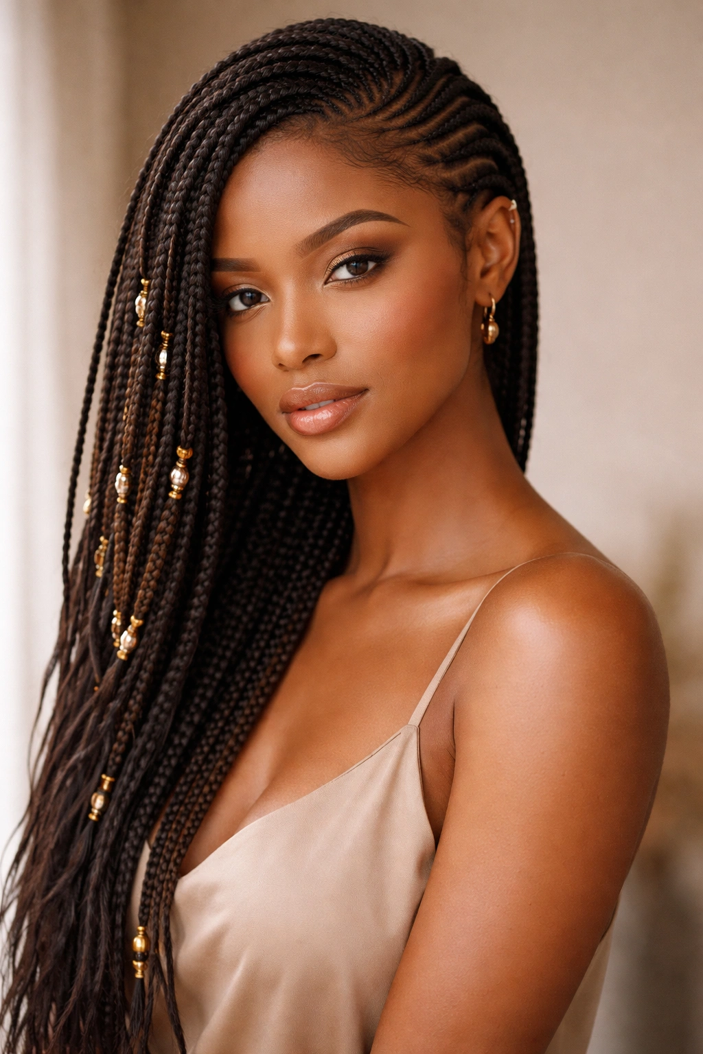 Side-swept Fulani braids cascading to one shoulder
